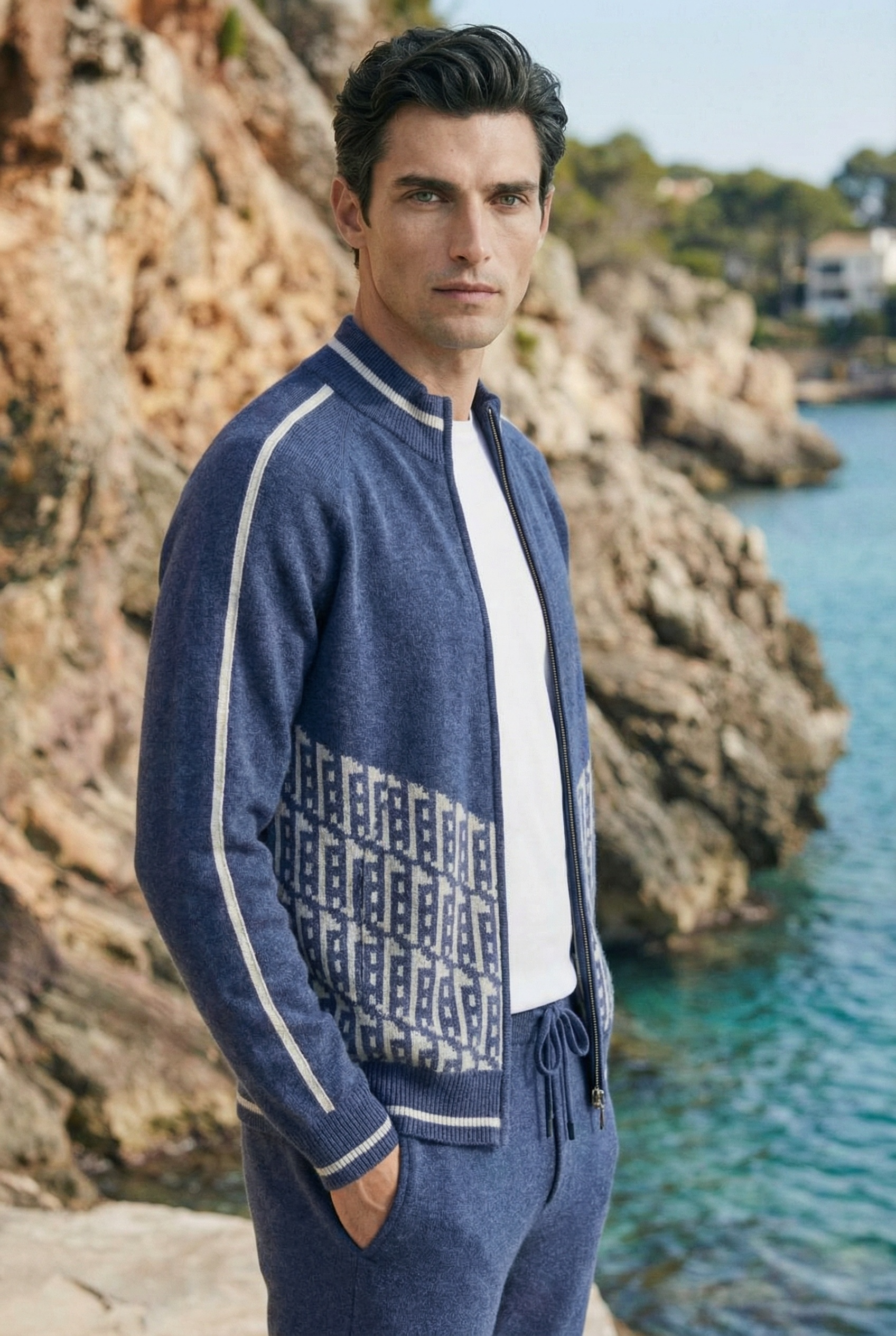Enzo Cashmere Full-Zip Set Navy