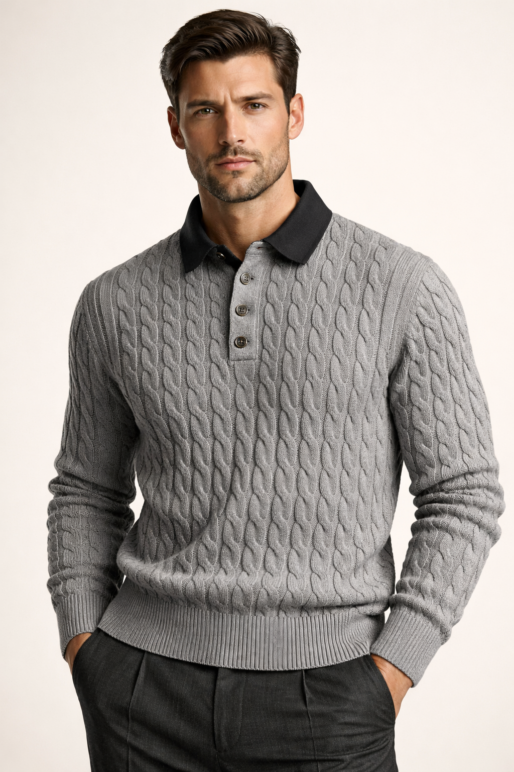 Paolo Cable Polo Knit Grey
