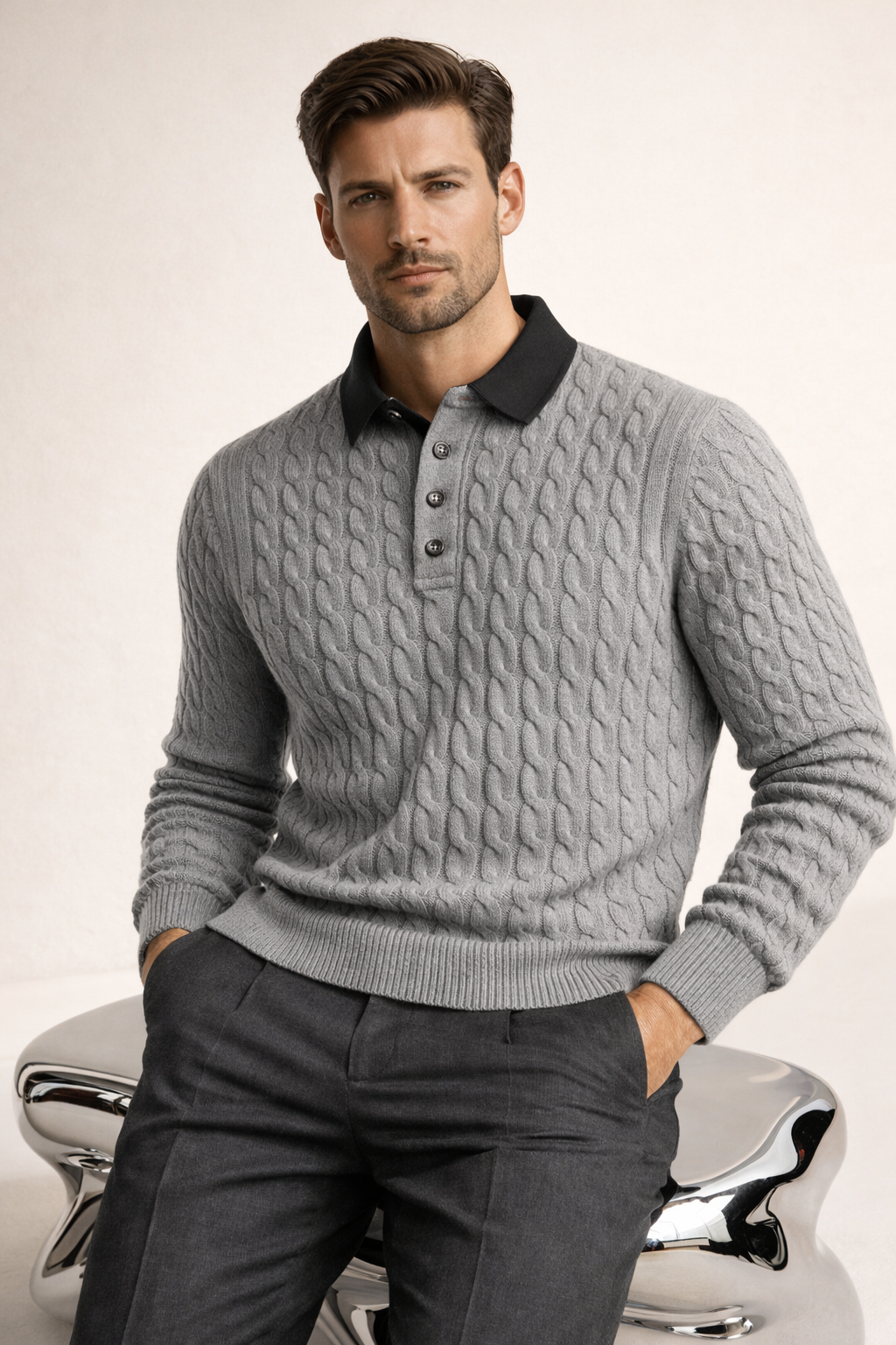 Paolo Cable Polo Knit Grey