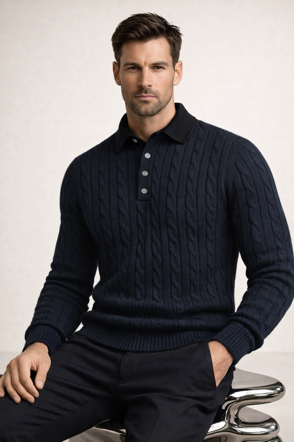 Paolo Cable Polo Knit Navy