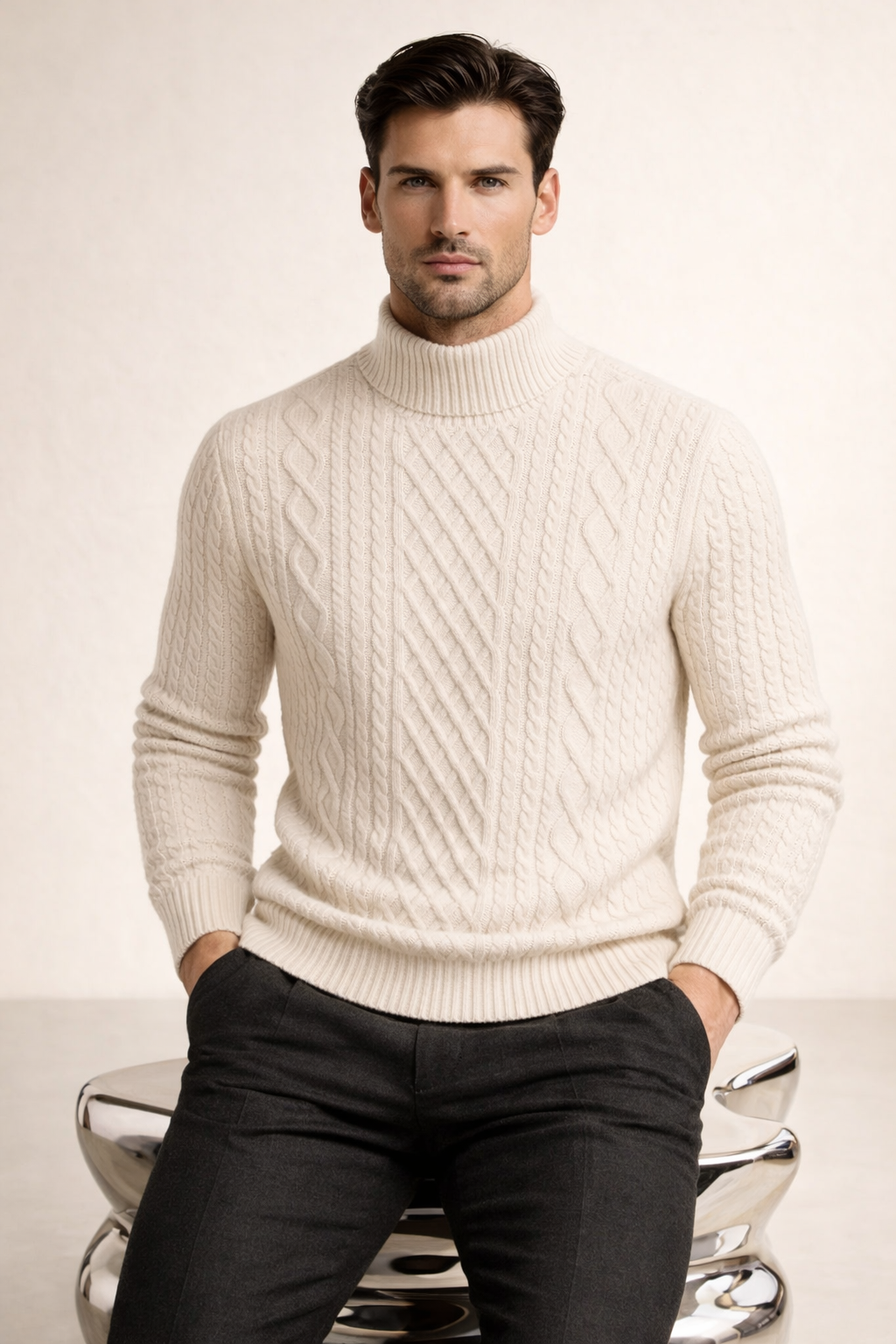 Giuseppe Merino Cable Turtleneck Ivory
