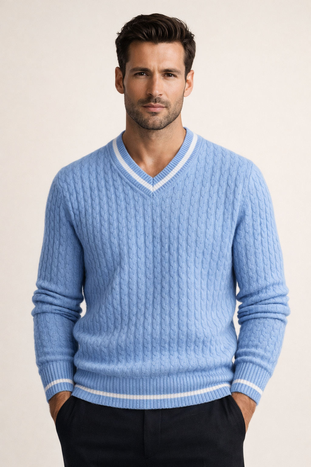 Brando Cashmere Cable V-Neck Blue