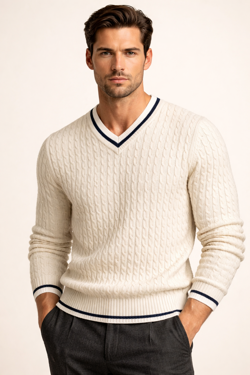 Brando Cashmere Cable V-Neck White