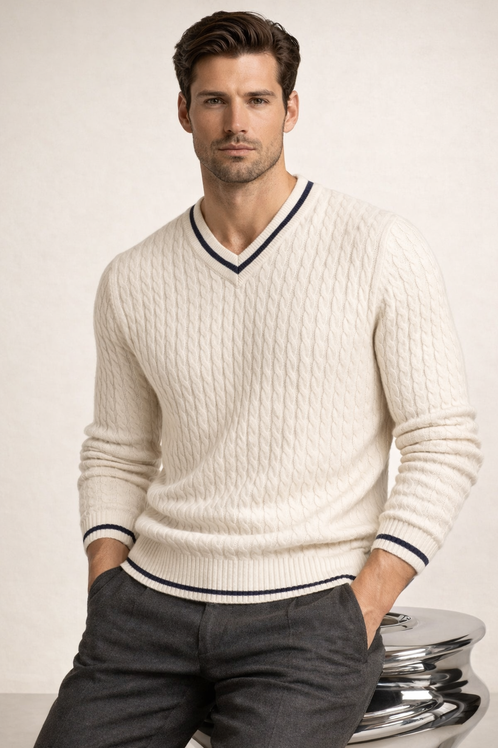 Brando Cashmere Cable V-Neck White