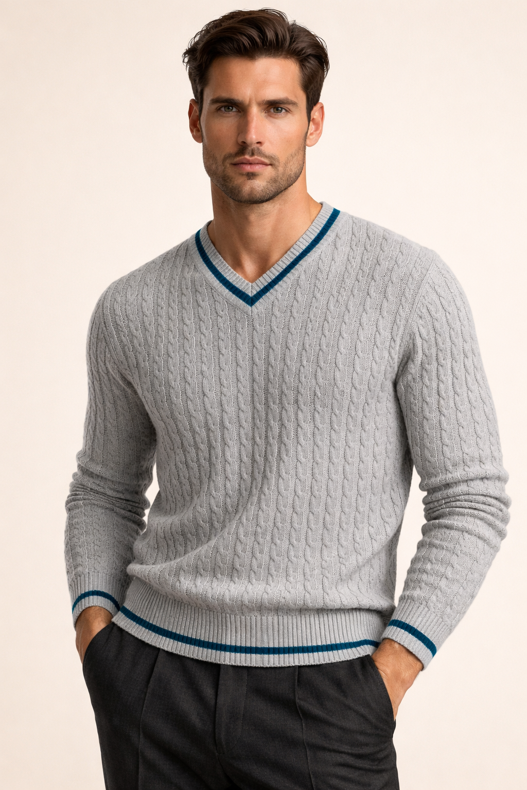 Brando Cashmere Cable V-Neck Grey