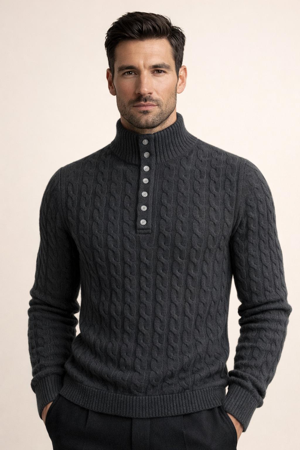 Mirko Merino Cable Mock Knit Dark Grey