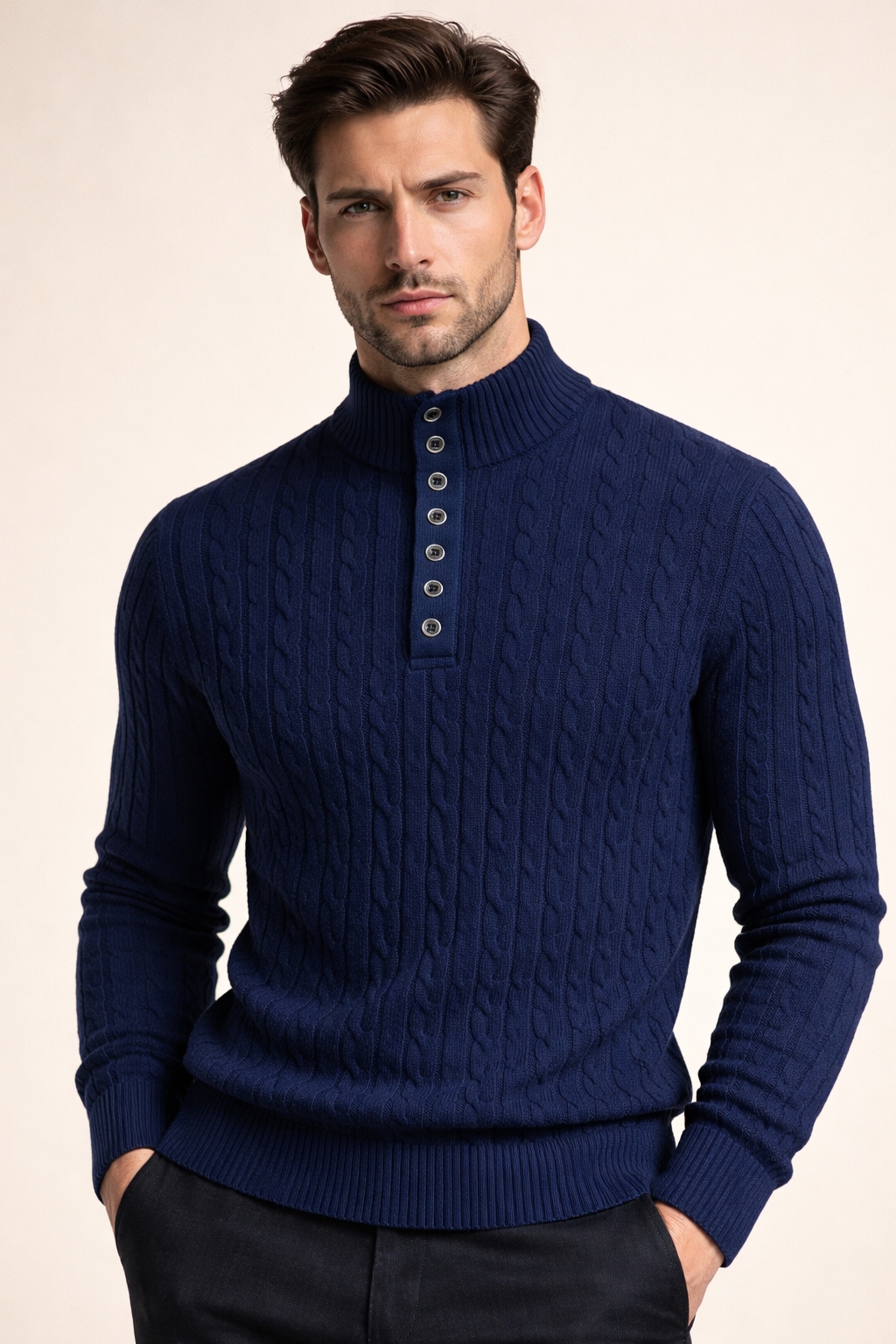 Mirko Merino Cable Mock Knit Navy Blue
