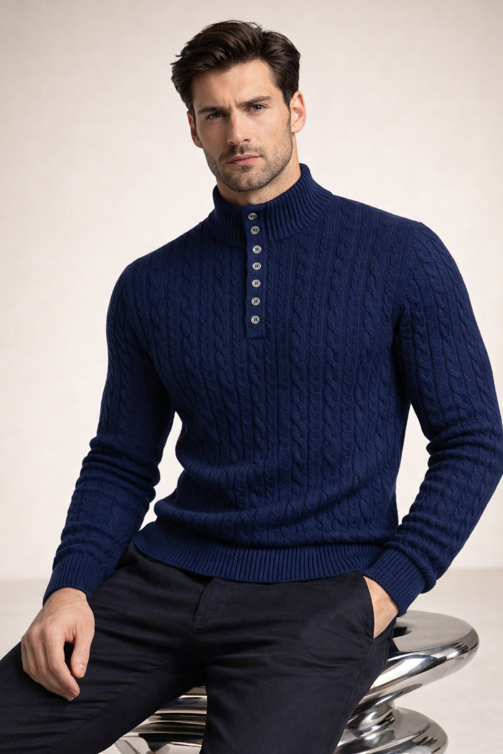 Mirko Merino Cable Mock Knit Navy Blue