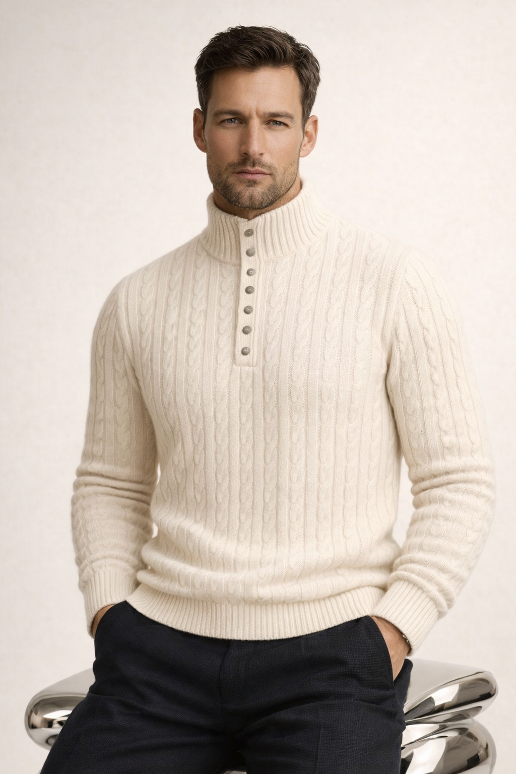 Mirko Merino Cable Mock Knit Beige