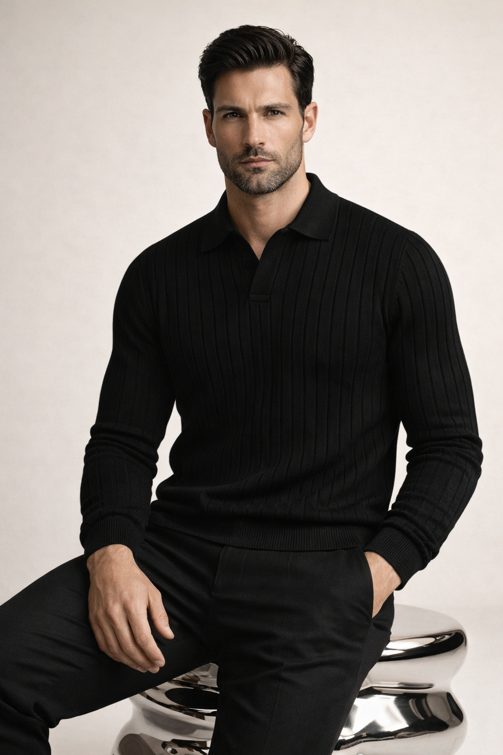 Leonardo Ribbed Knit Polo Black