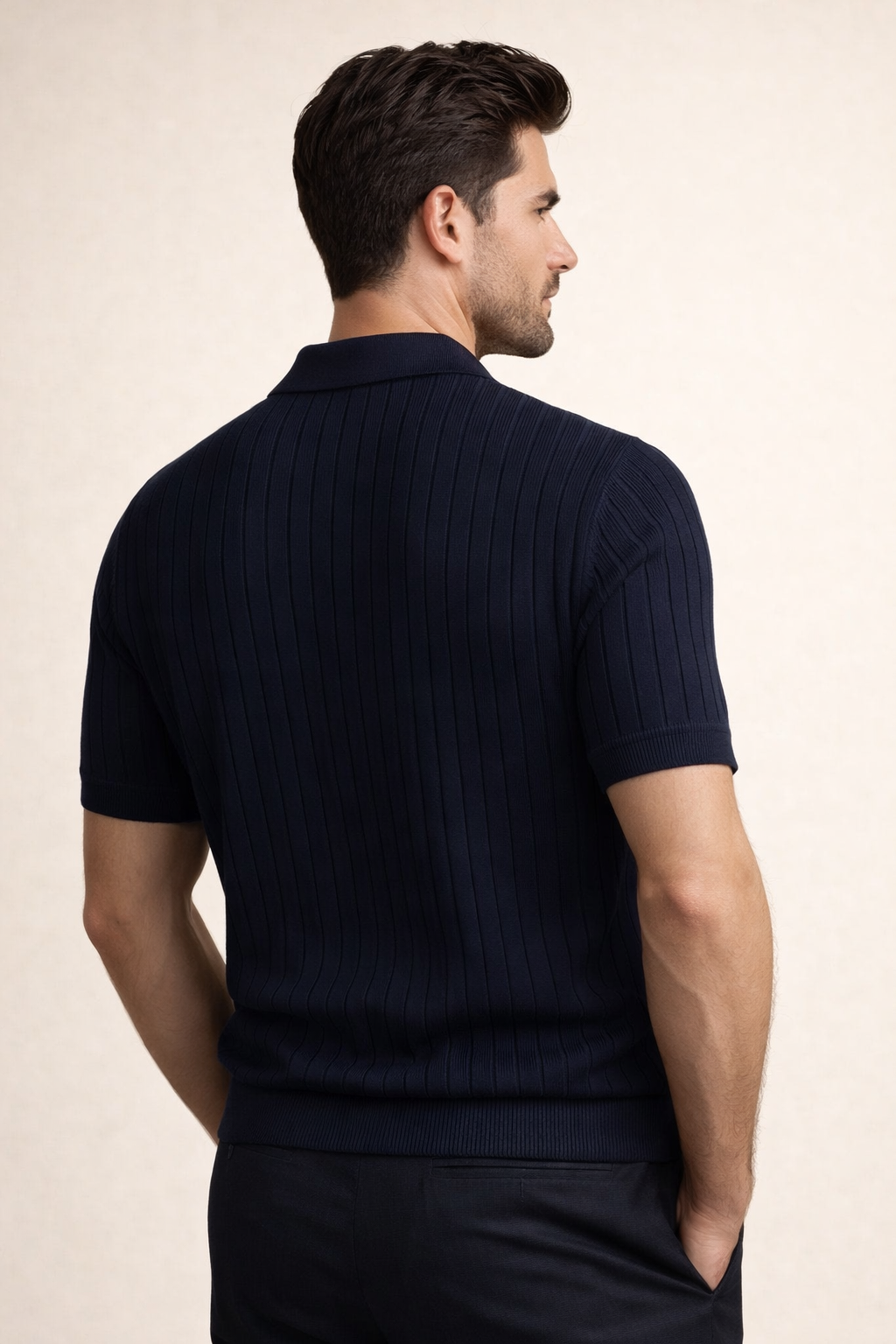 Nicolo Ribbed Knit Polo Navy Blue