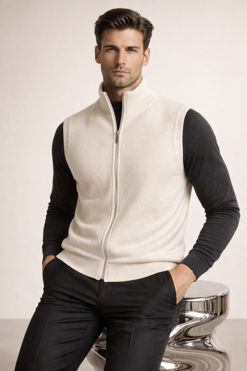 Alberto Merino Zip Vest Ivory