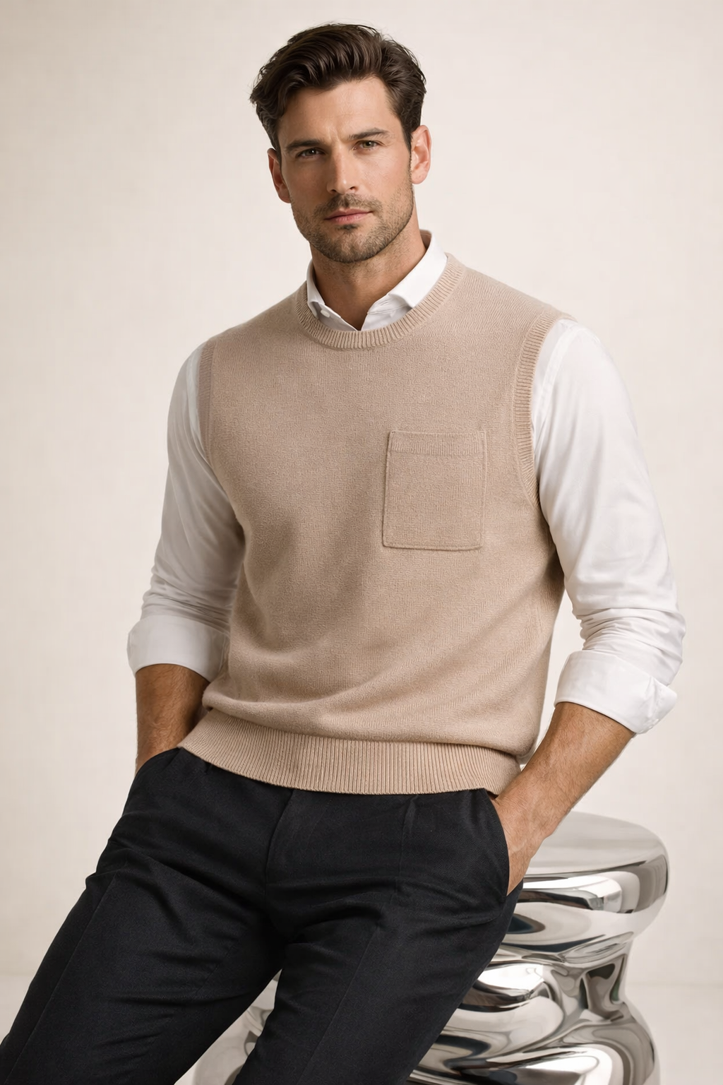 Nerio Extra-Fine Crew Vest Beige