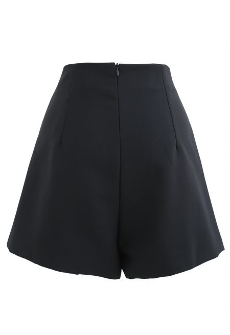 Flap Front Golden Button Trim Skorts in Black