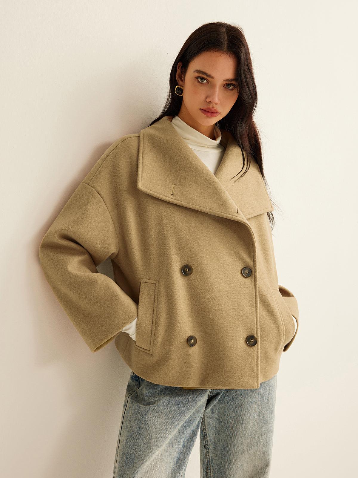 Wide-Collar Cropped Tweed Coat