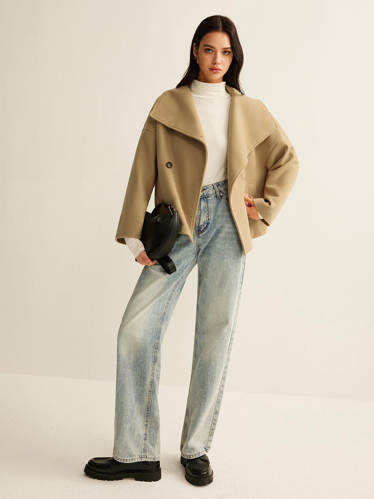Wide-Collar Cropped Tweed Coat