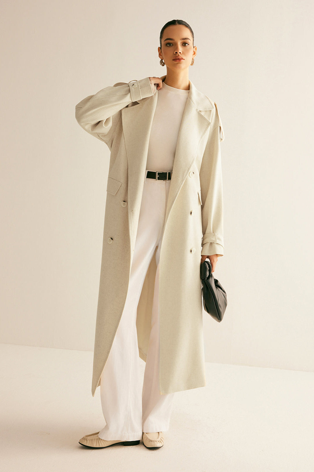 Linen-Blend Trench Coat with Belted Waist