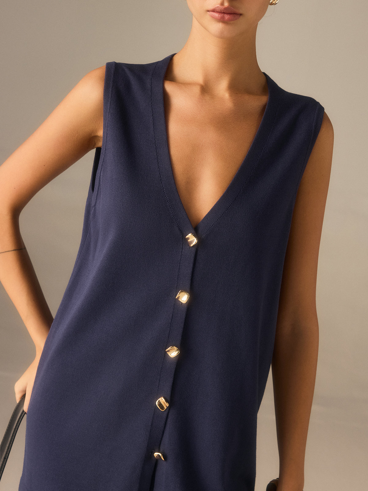 Gold-Button Knit Waistcoat Set