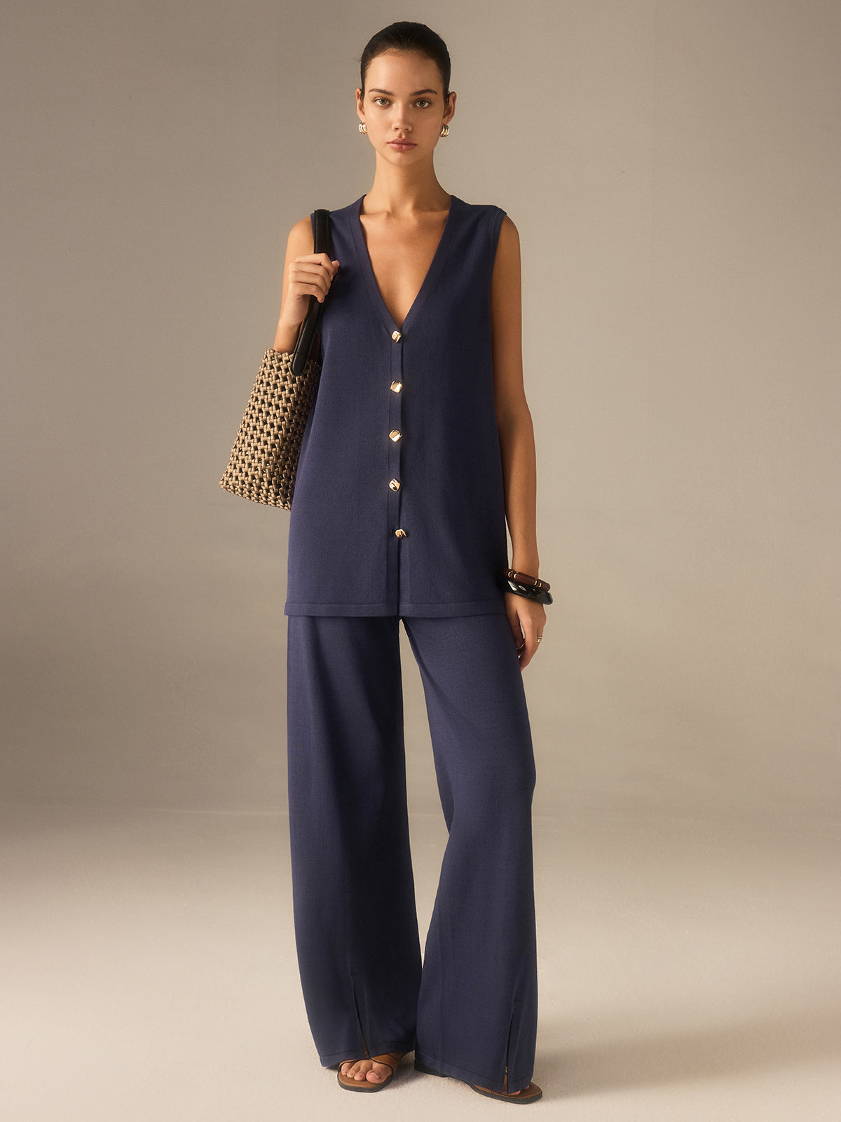Gold-Button Knit Waistcoat Set