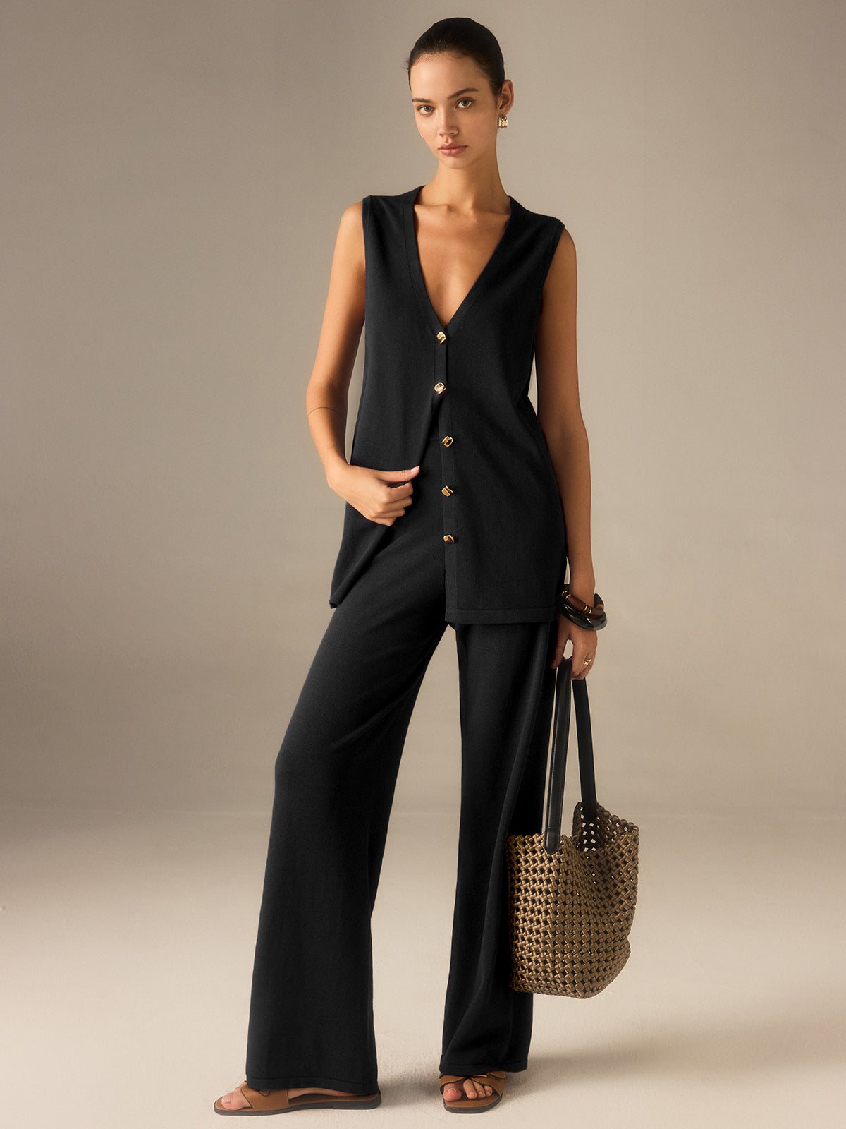 Gold-Button Knit Waistcoat Set