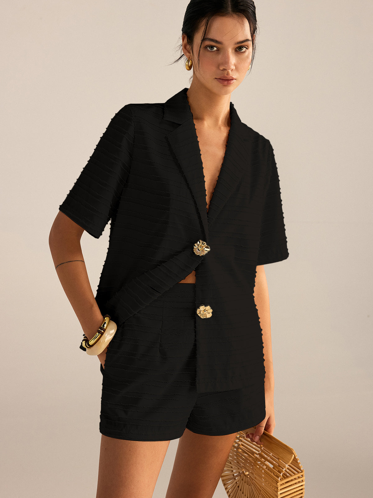 Textured Short-Sleeve Blazer Set