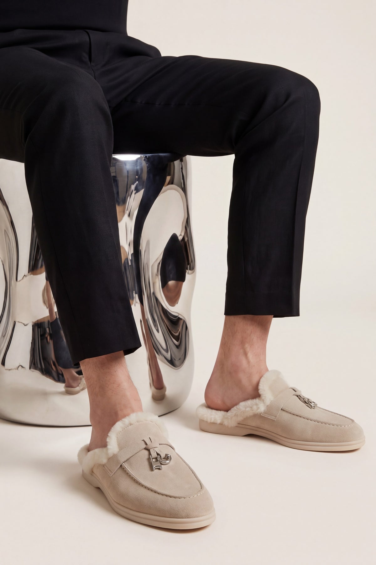 Maretti Fur-Lined Buckle Mule Cream