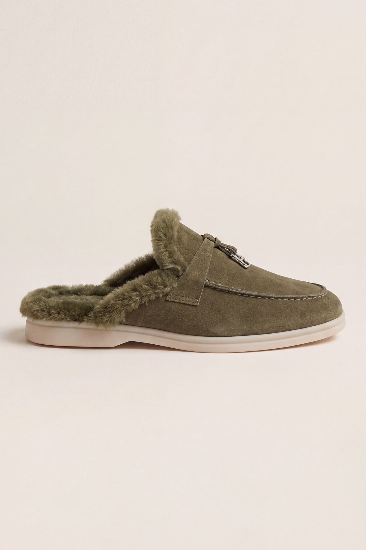 Maretti Fur-Lined Buckle Mule Olive