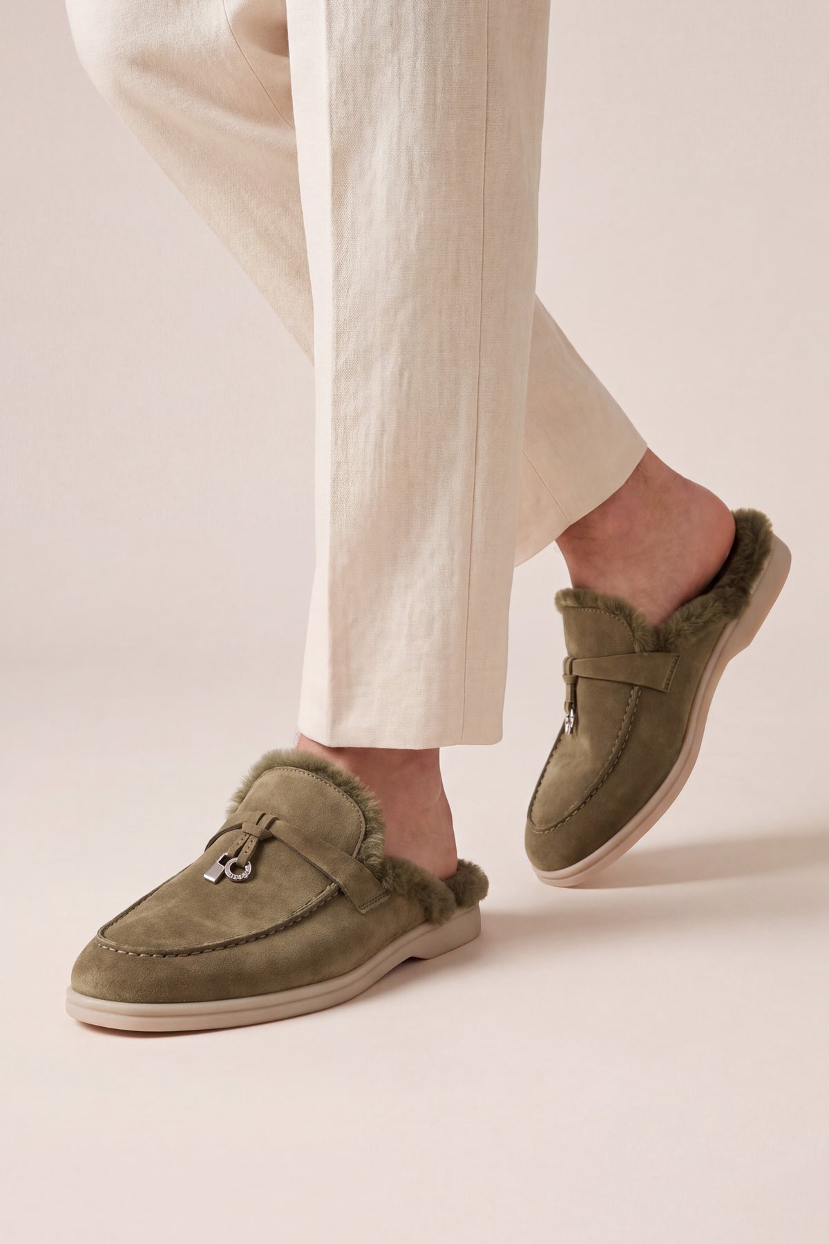 Maretti Fur-Lined Buckle Mule Olive