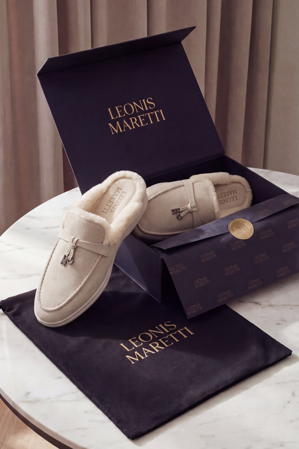 Maretti Fur-Lined Buckle Mule Cream