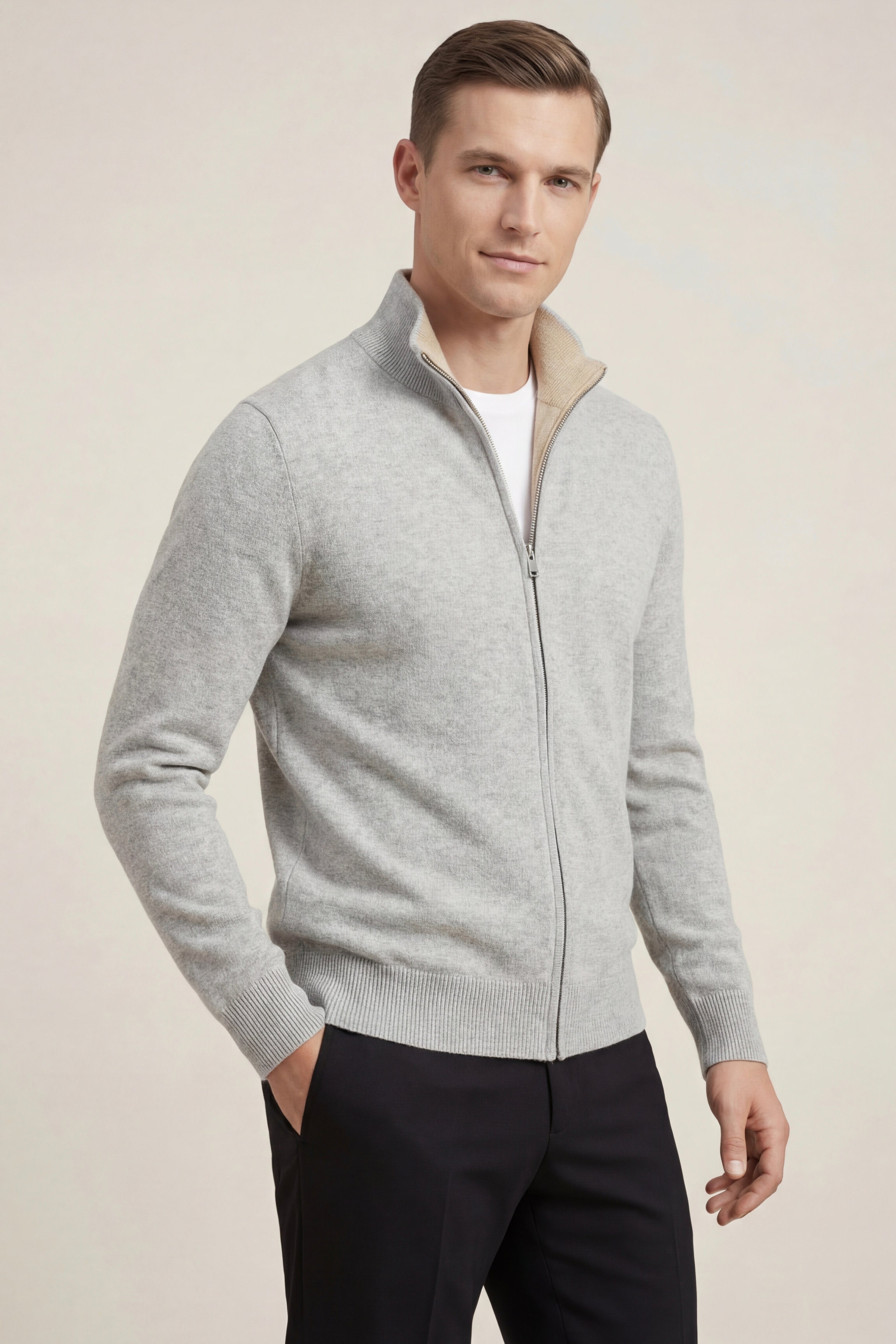 Marciello Reversible Cashmere Zip Knit Beige & Grey