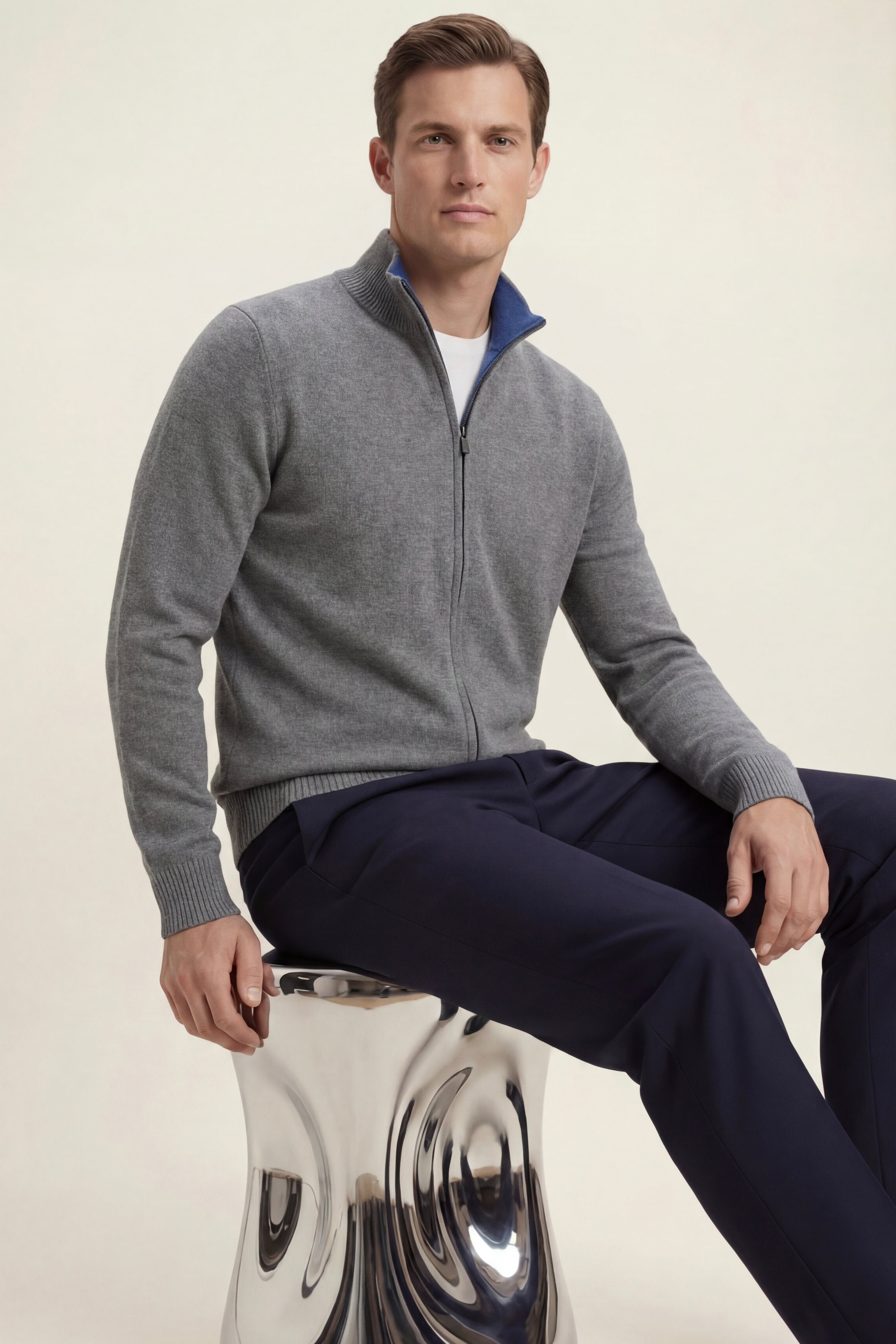 Marciello Reversible Cashmere Zip Knit Navy & Grey