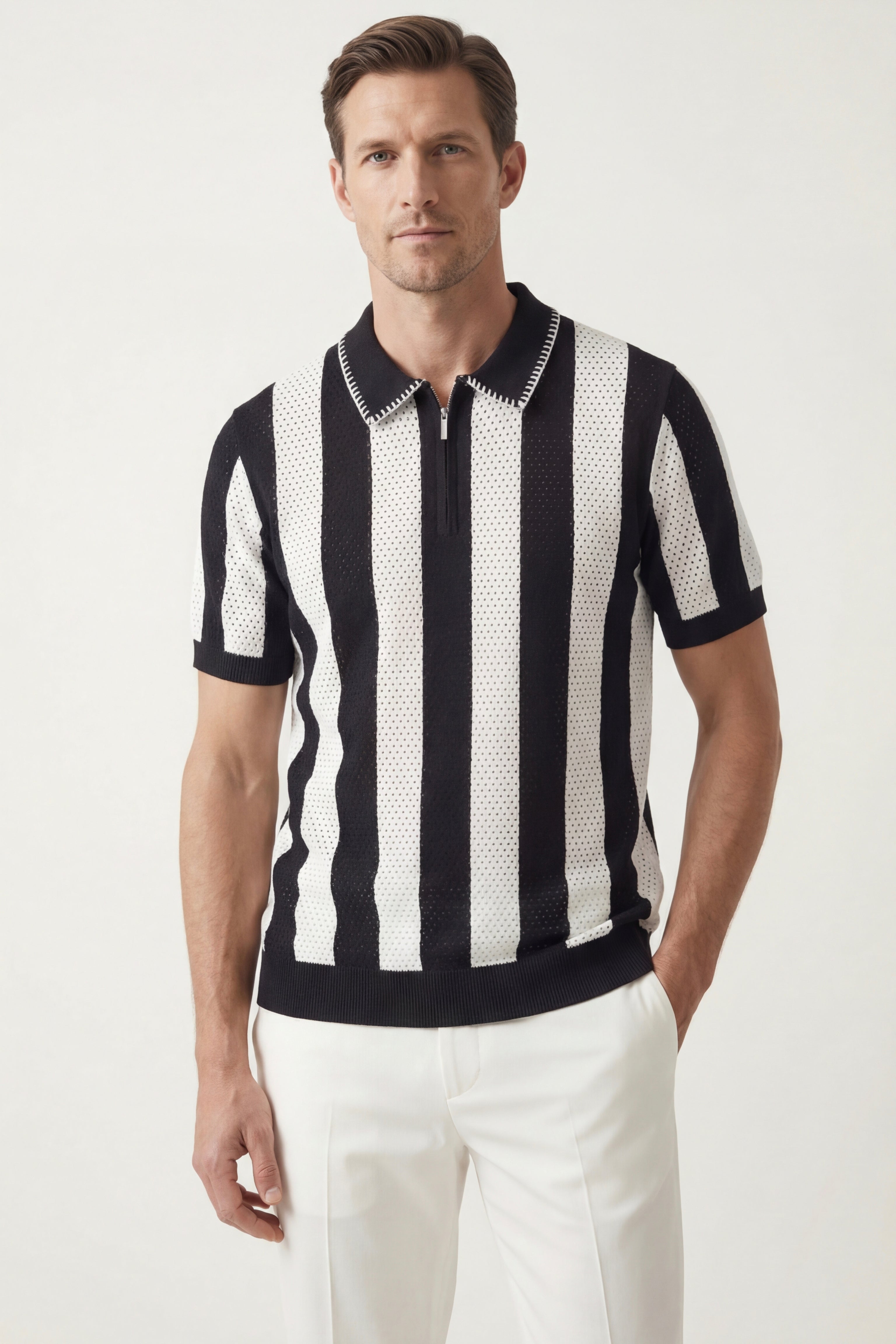 Silano Striped Knit Polo Black