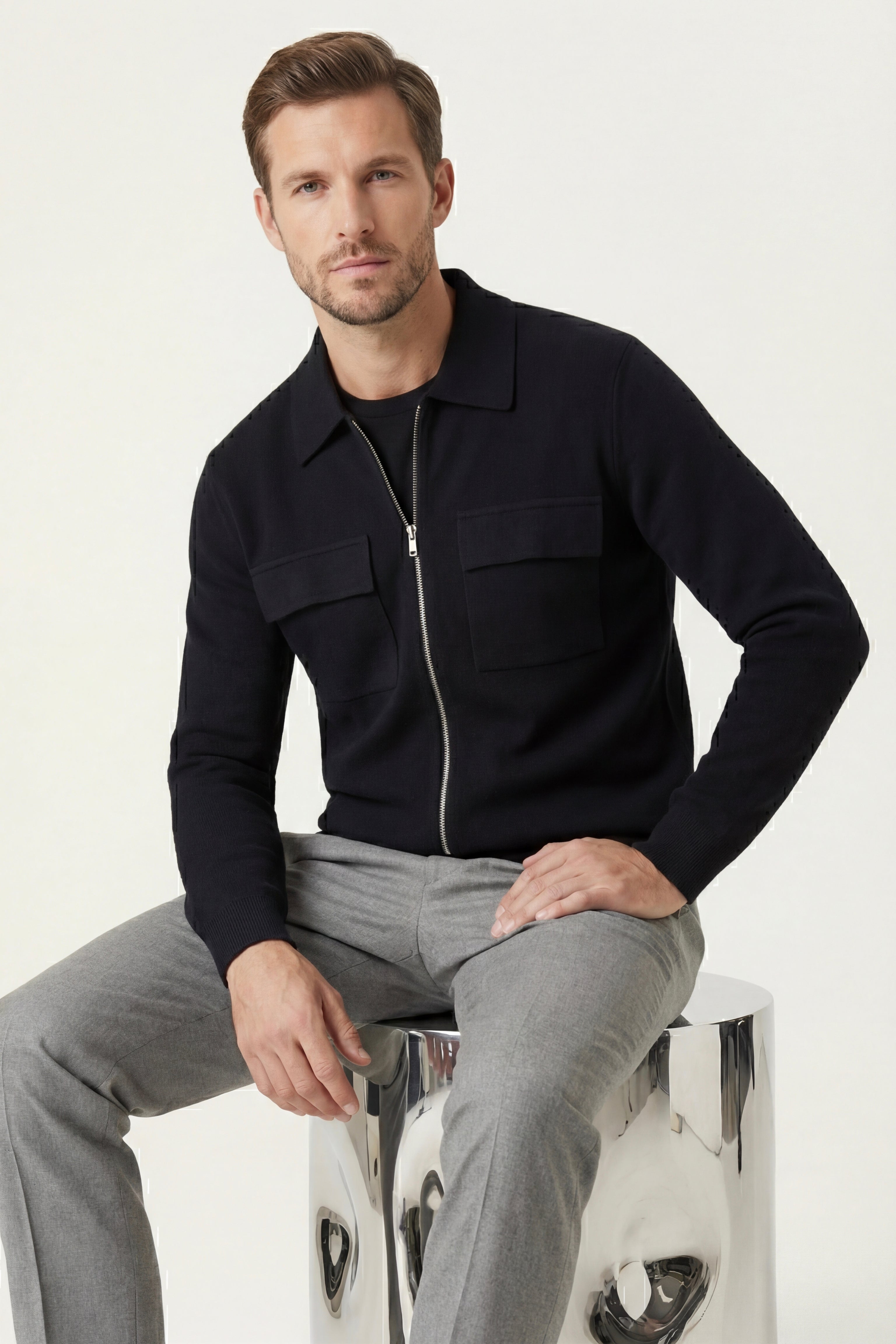 Orvello Dual-Zip Wool Cardigan Black