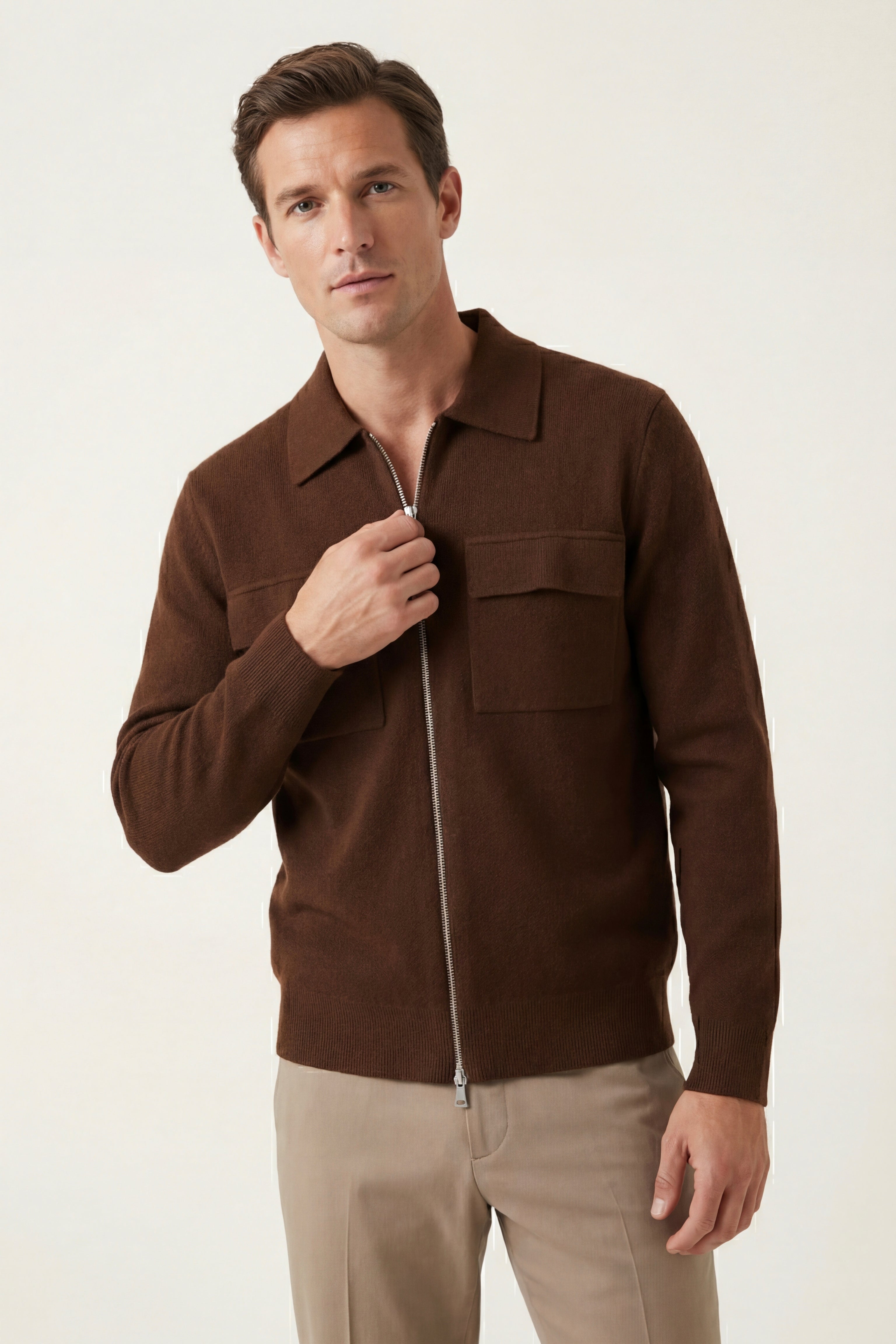 Orvello Dual-Zip Wool Cardigan Caramel