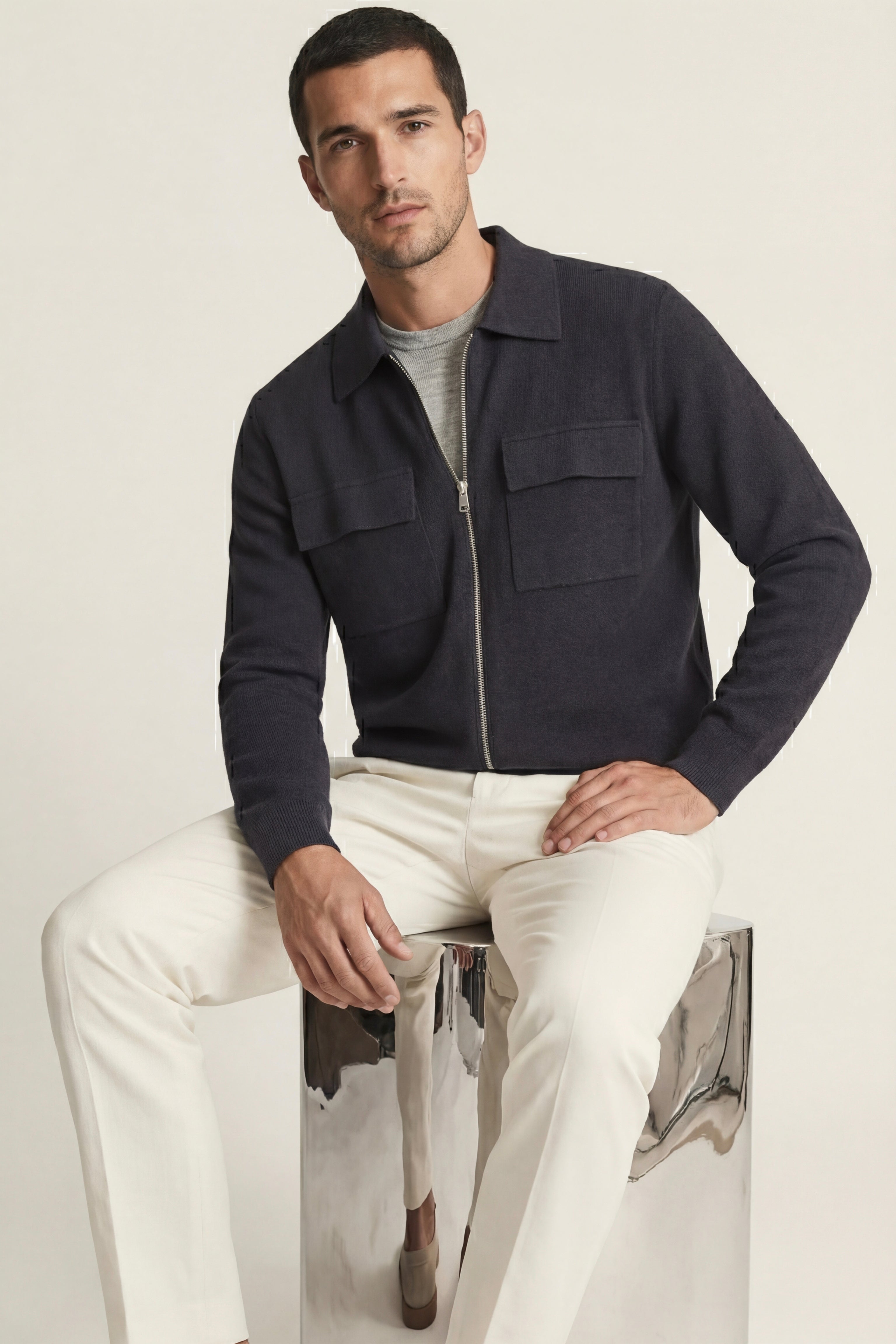 Orvello Dual-Zip Wool Cardigan Dark Grey