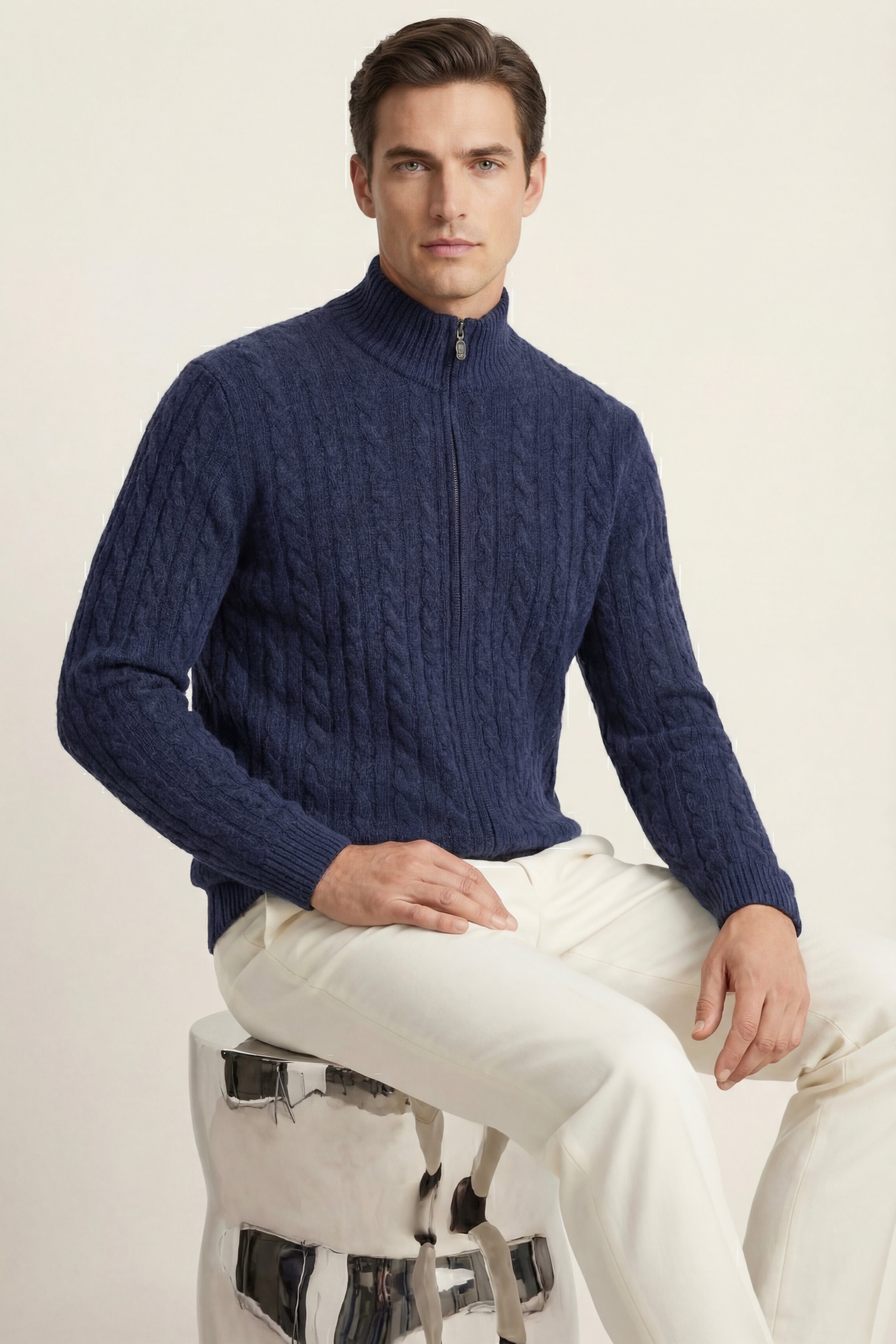 Bolzano Cable Zip Knit Blue Grey
