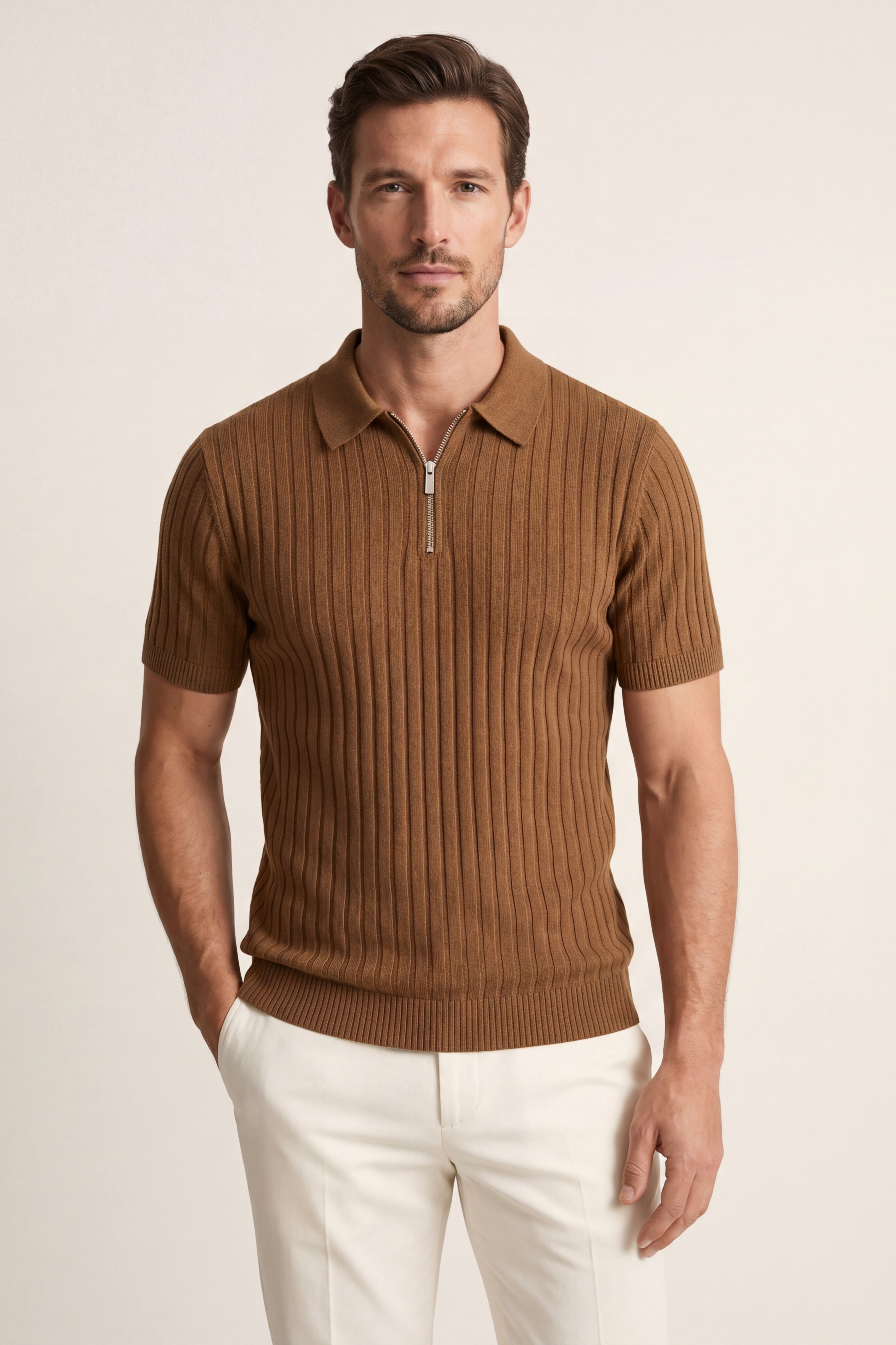 Elio Ribbed Zip Polo Caramel