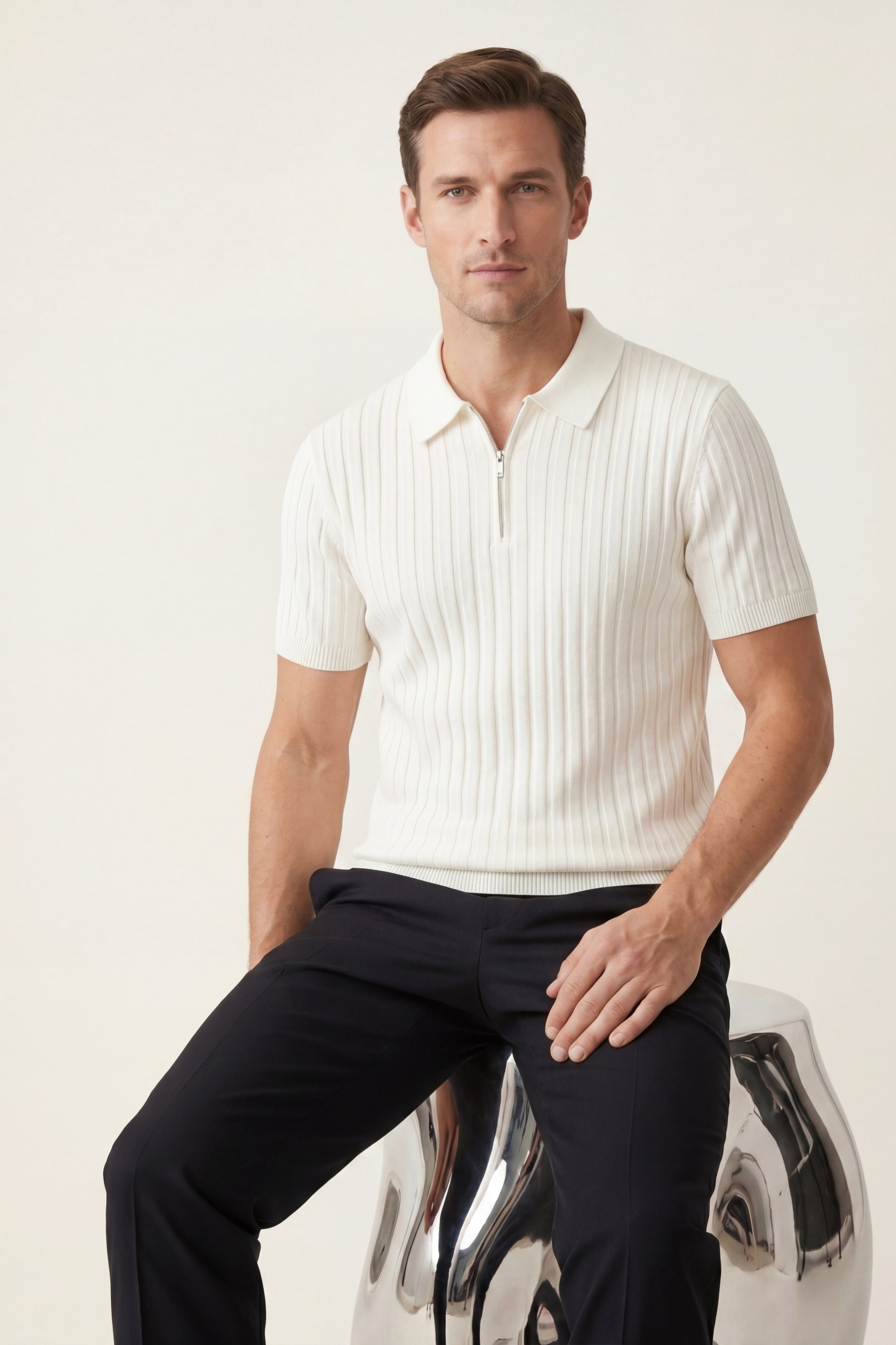 Elio Ribbed Zip Polo White