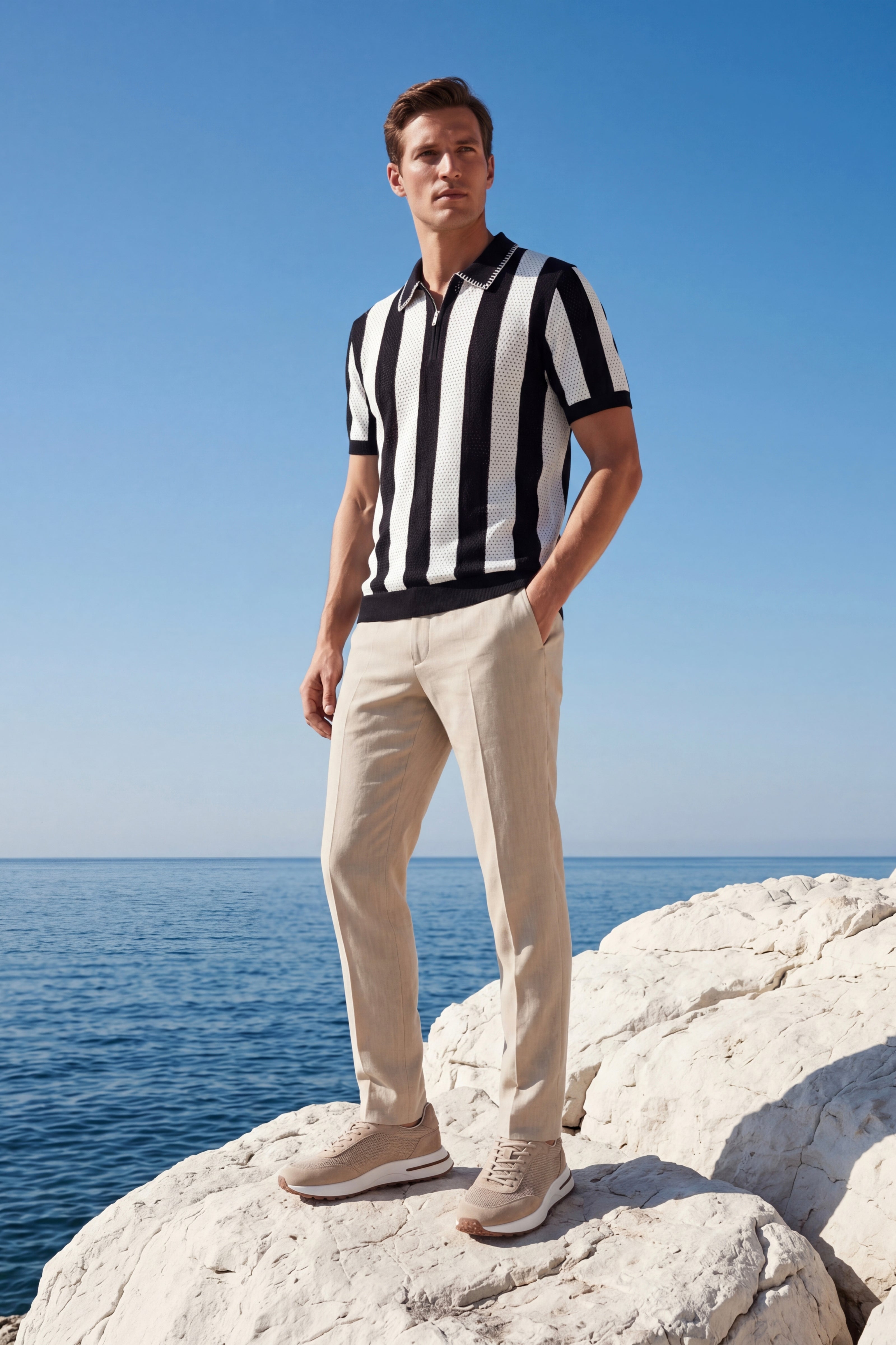 Silano Striped Knit Polo Black