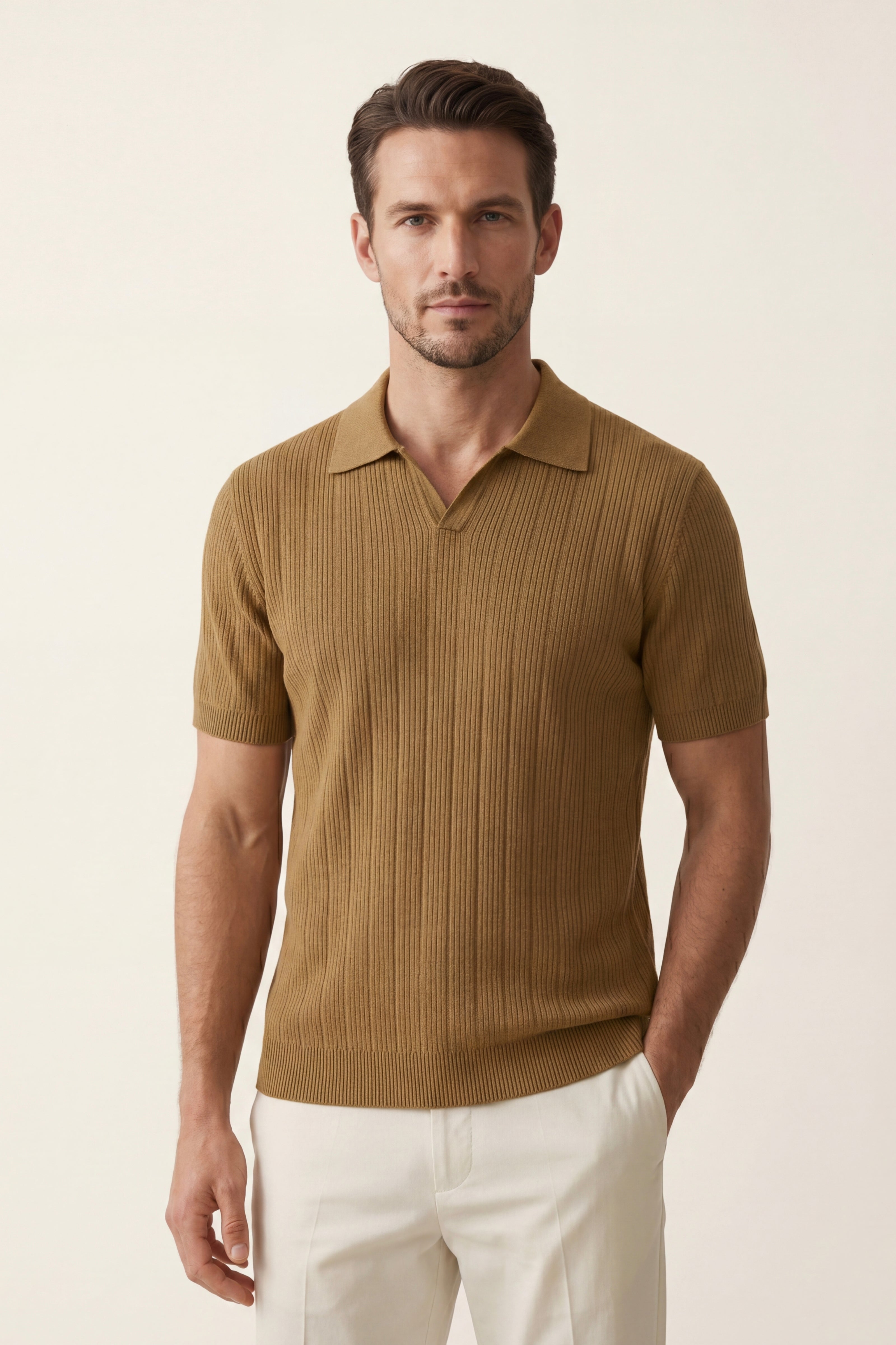 Nicolo Ribbed Knit Polo Caramel