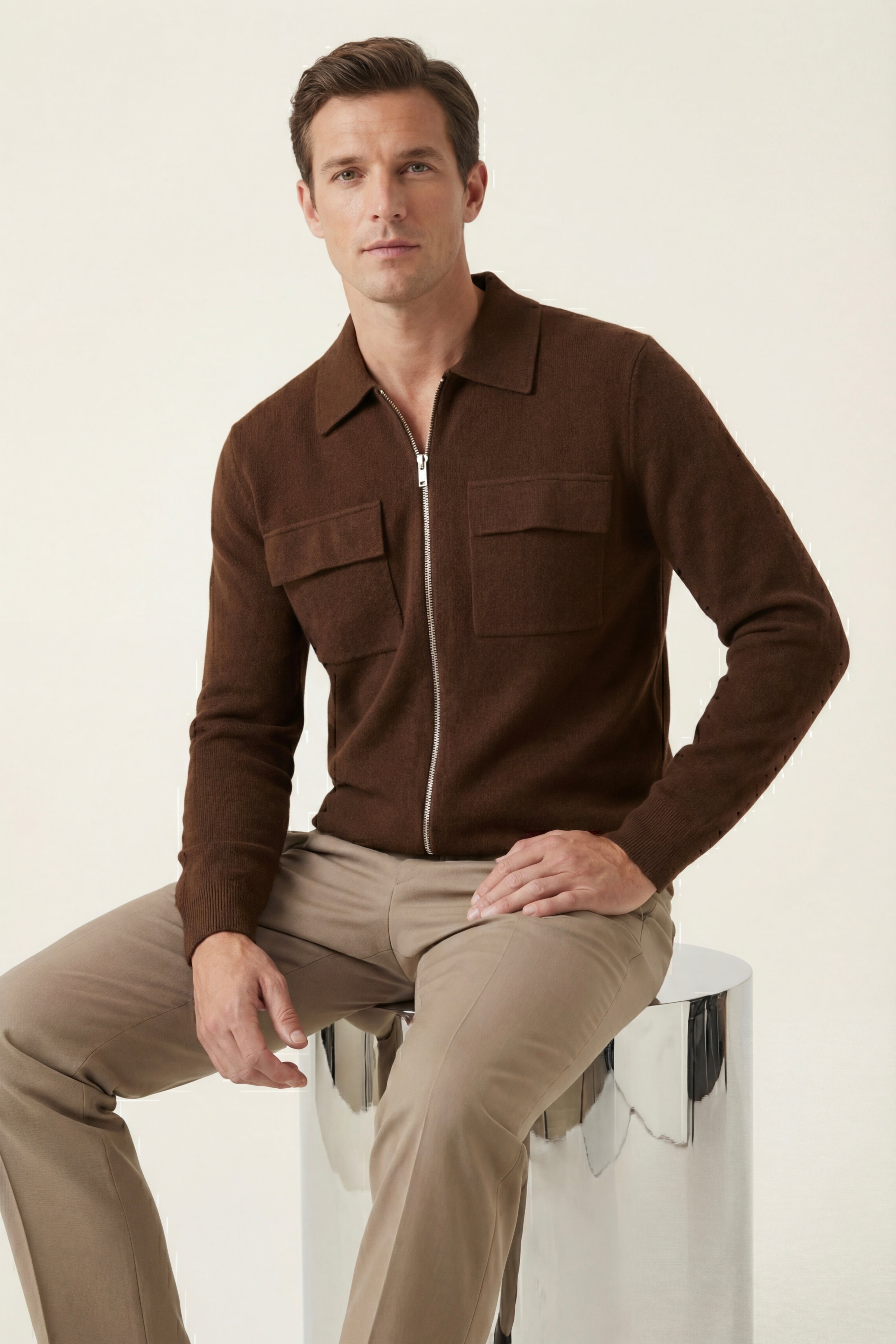 Orvello Dual-Zip Wool Cardigan Caramel