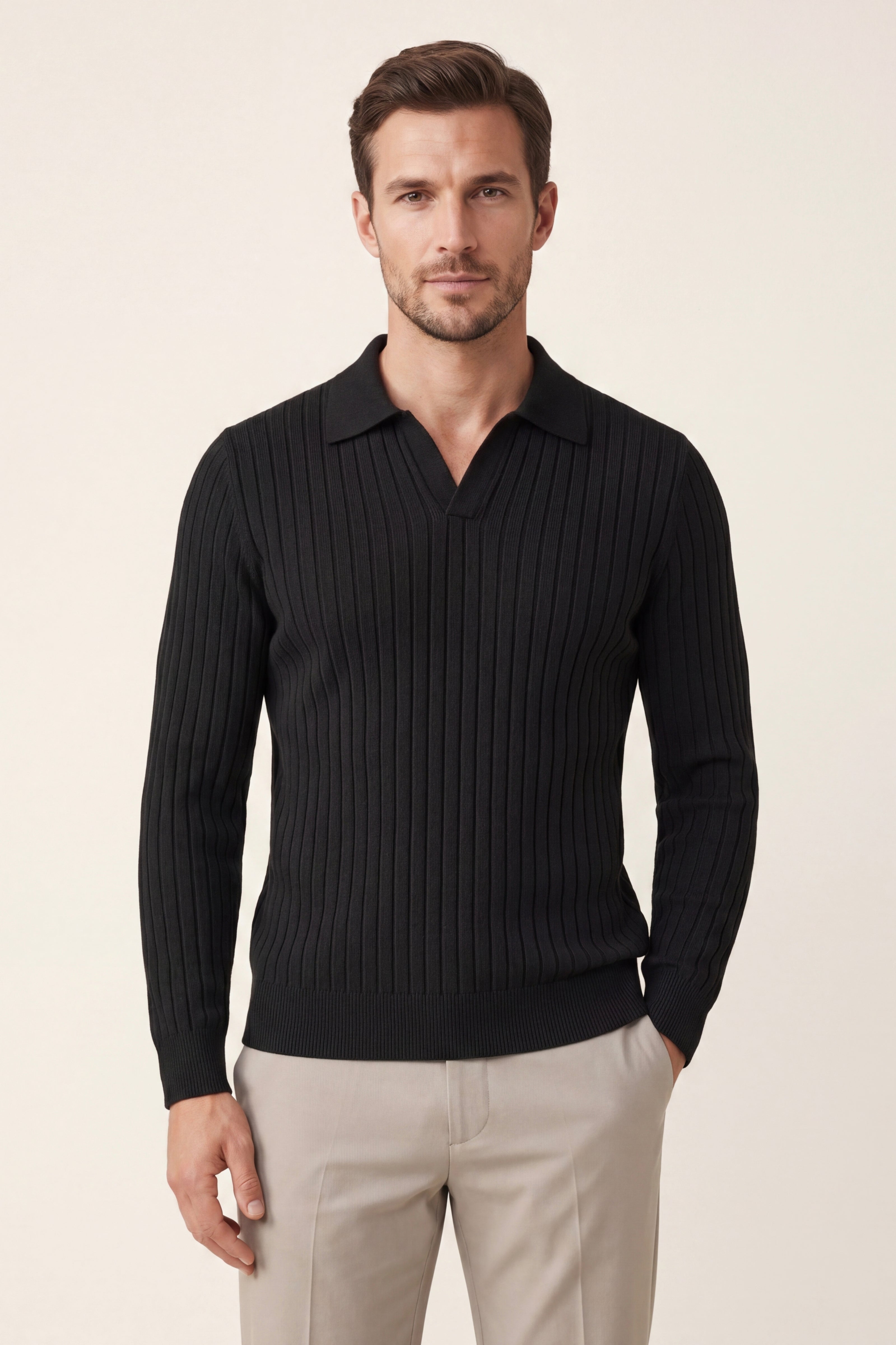 Leonardo Ribbed Knit Polo Black