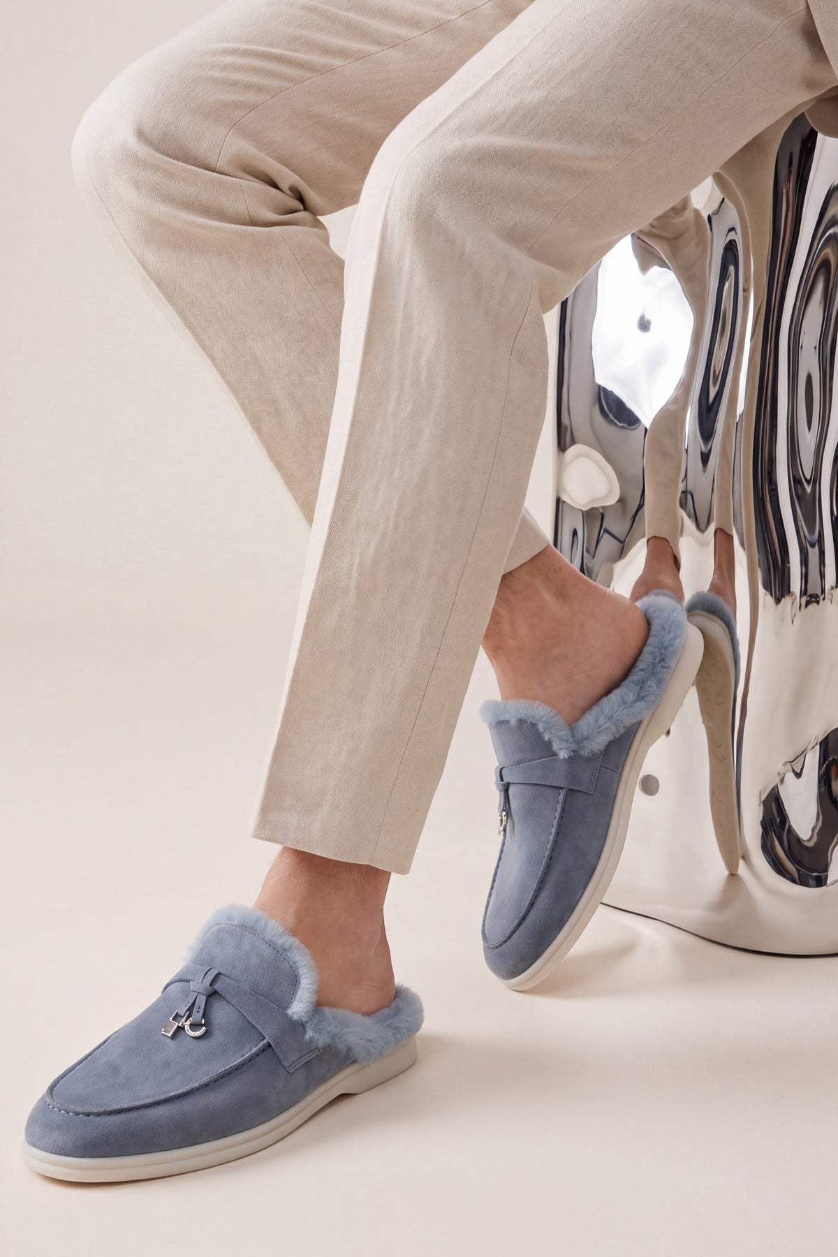 Maretti Fur-Lined Buckle Mule Light Blue