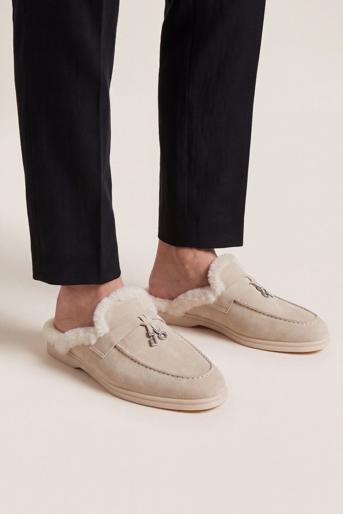 Maretti Fur-Lined Buckle Mule Cream