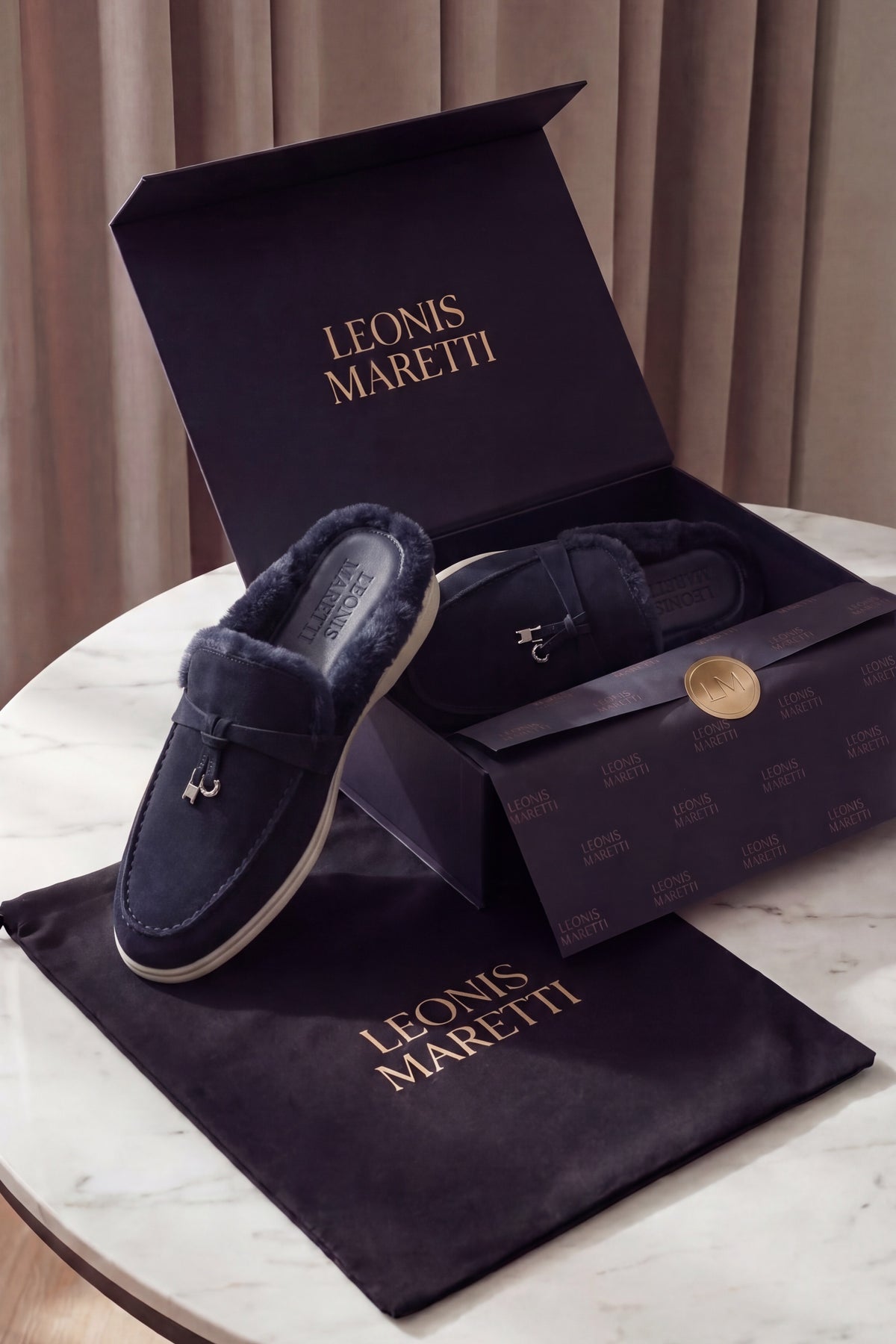 Maretti Fur-Lined Buckle Mule Navy