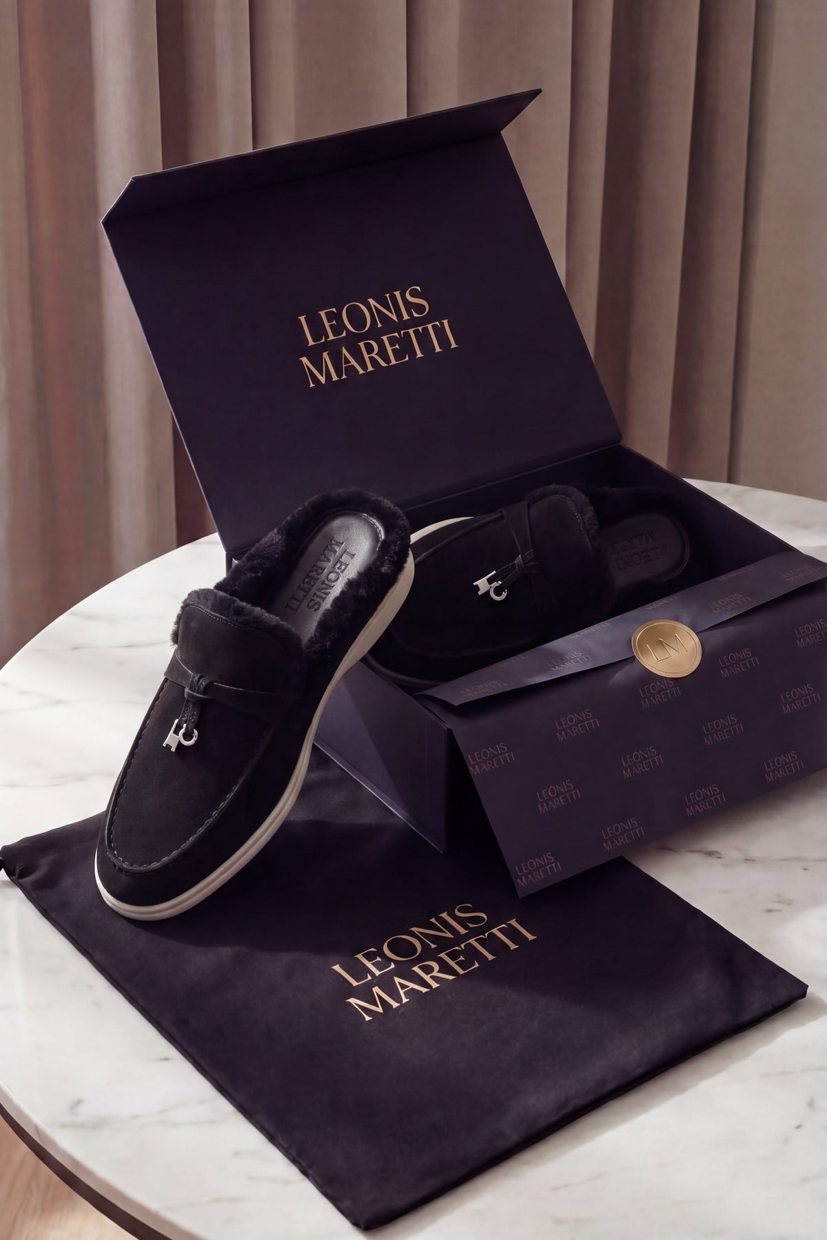 Maretti Fur-Lined Buckle Mule Black