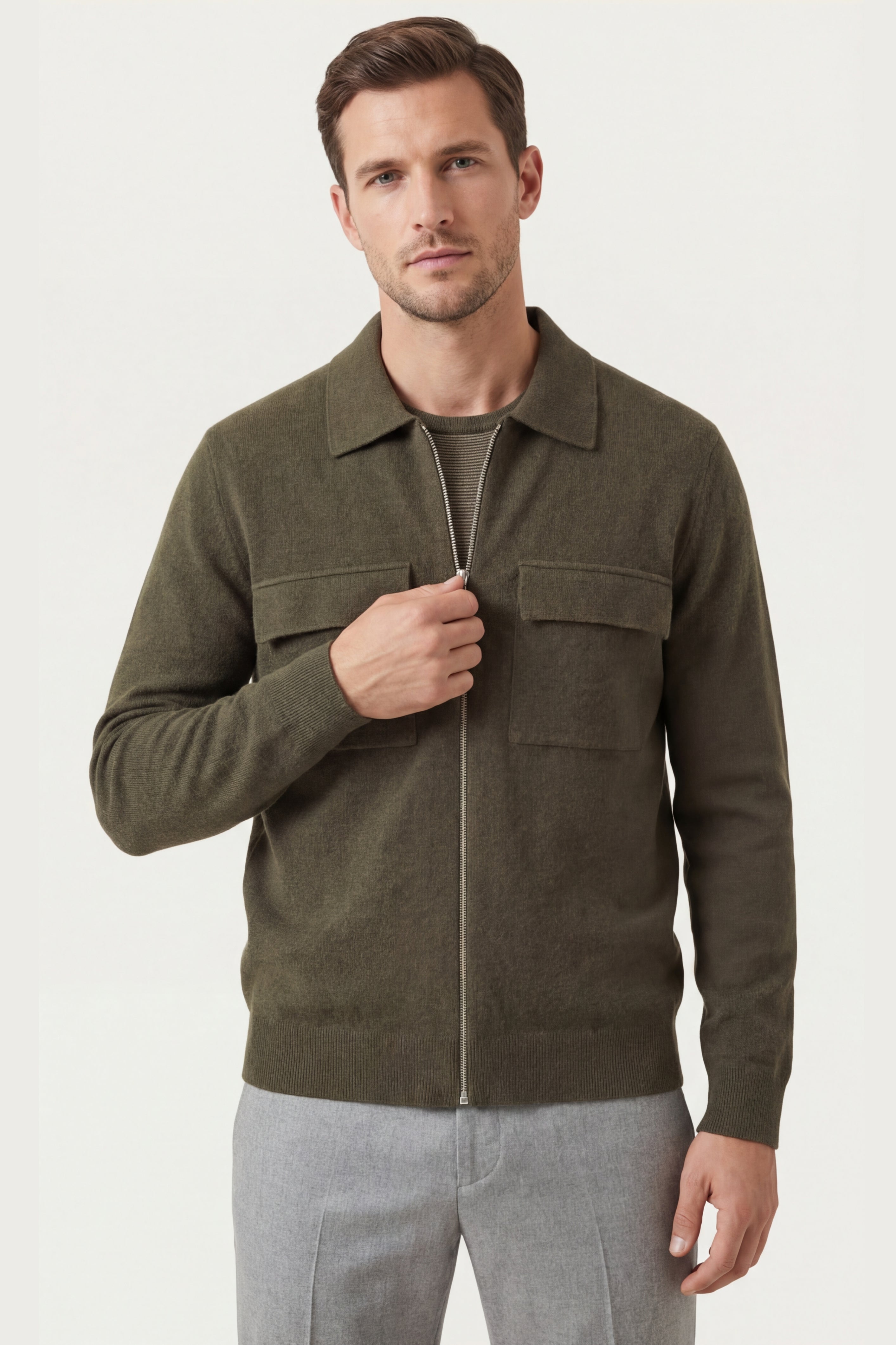 Orvello Dual-Zip Wool Cardigan Army Green