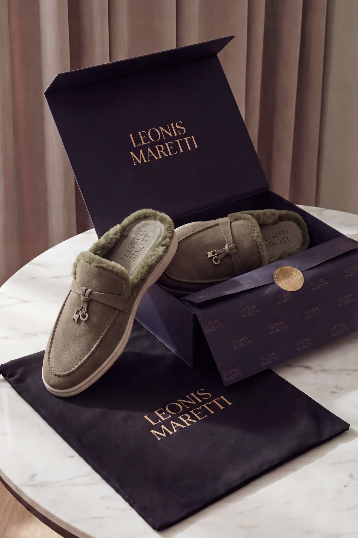 Maretti Fur-Lined Buckle Mule Olive