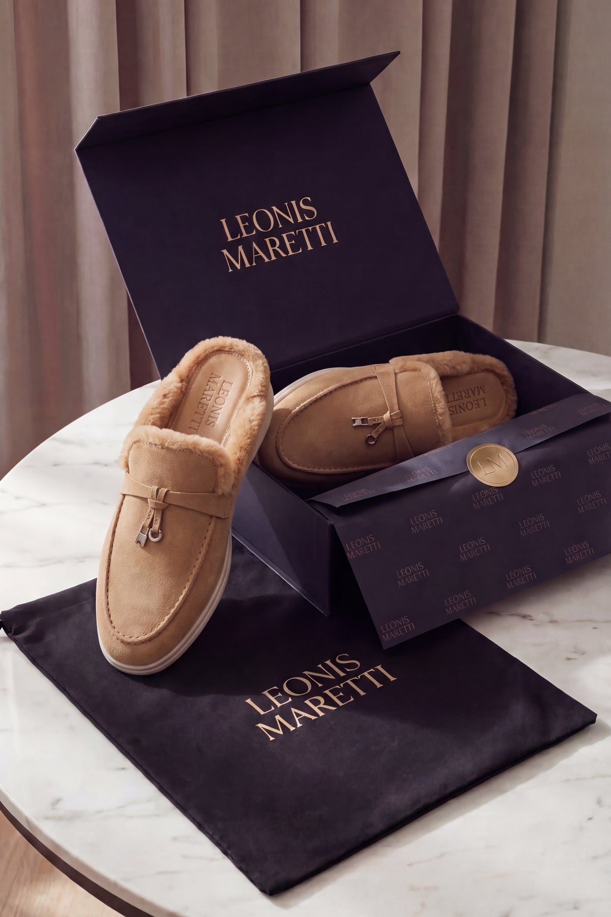 Maretti Fur-Lined Buckle Mule Camel