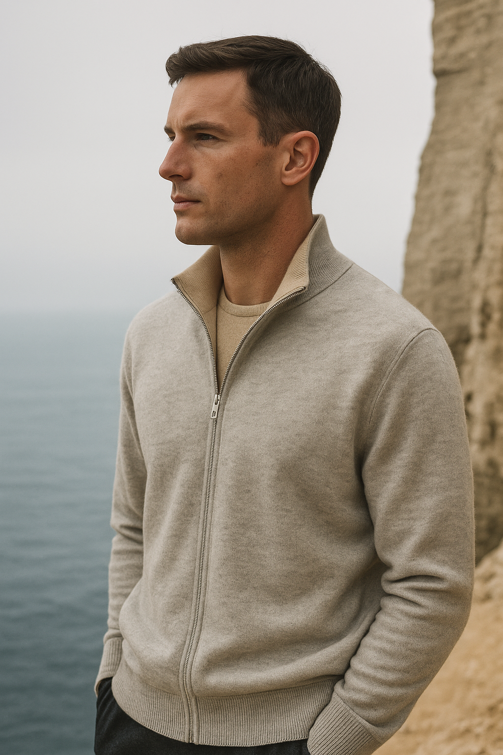 Marciello Reversible Cashmere Zip Knit Beige & Grey